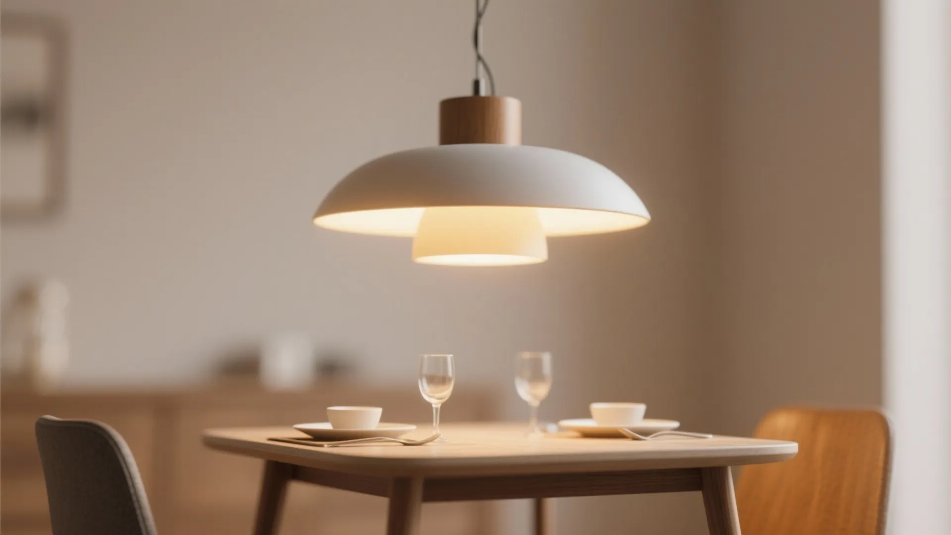 Modern white ceiling light hanging above a wooden dining table with plates and wine glasses
