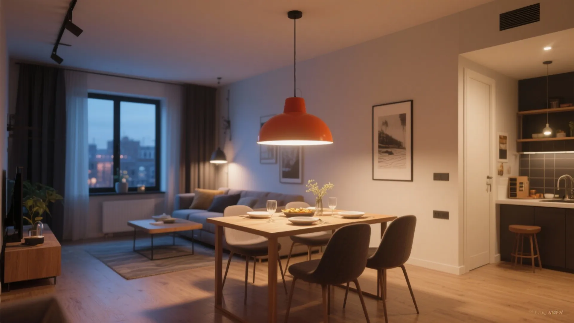 Pendant light over dining set in an open-plan living area