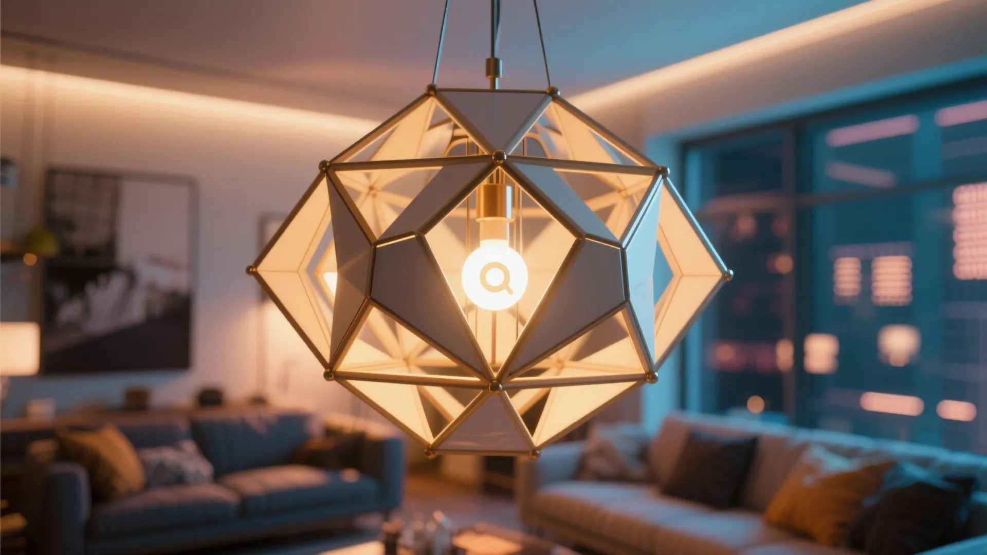 Geometric white ceiling light hanging in a modern living room with sofa and warm lighting