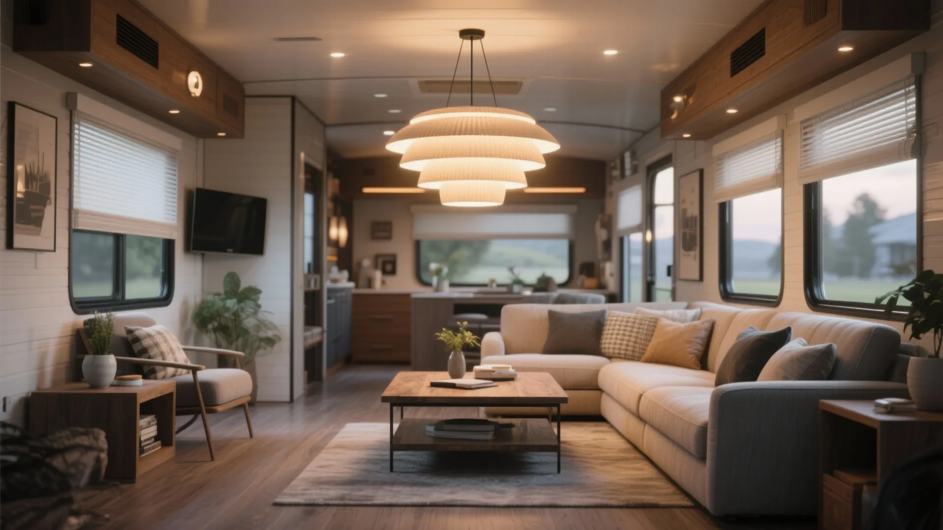 Large white tiered ceiling light hanging over a spacious living room with grey corner sofa