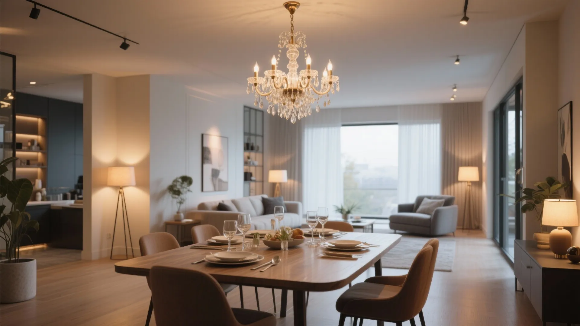 Crystal ceiling light hanging above wooden dining table with beige chairs in open plan apartment