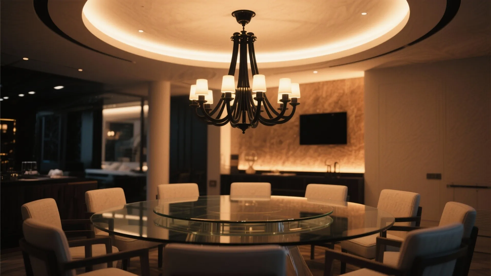 Modern dining room with round glass table, beige chairs, black ceiling light, and warm lighting