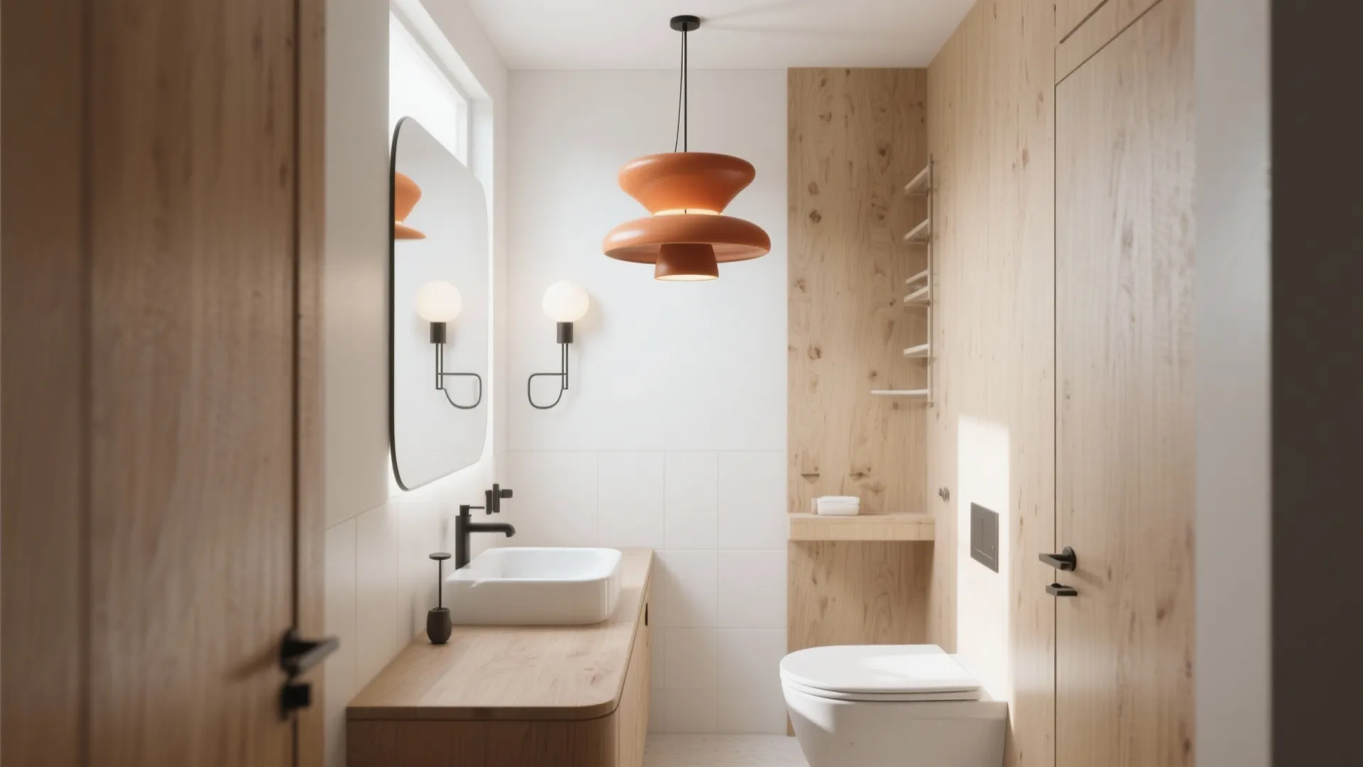 Bright bathroom with orange ceiling light, wooden wall panel, mirror, sink, and white ceramic toilet