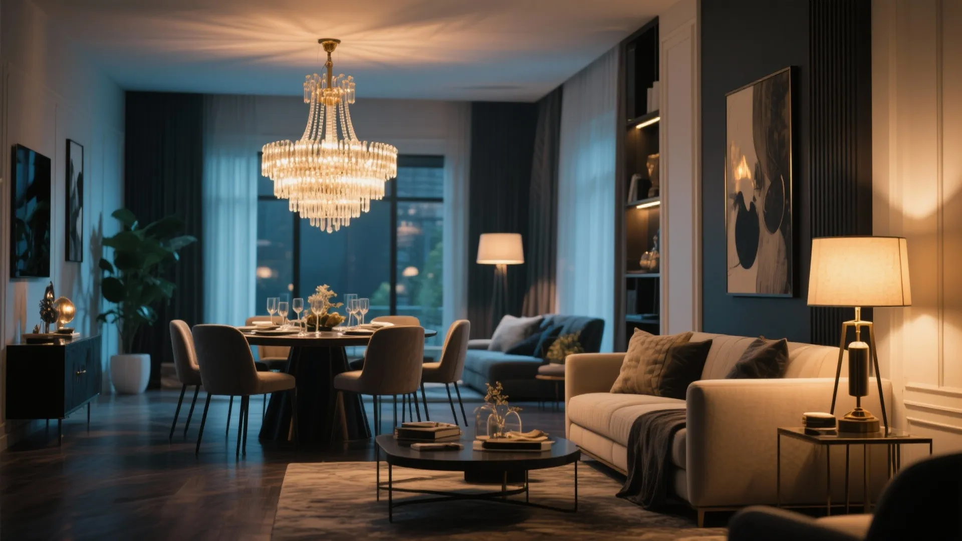Modern open plan living room with large ceiling light dining table sofa and warm floor lamps