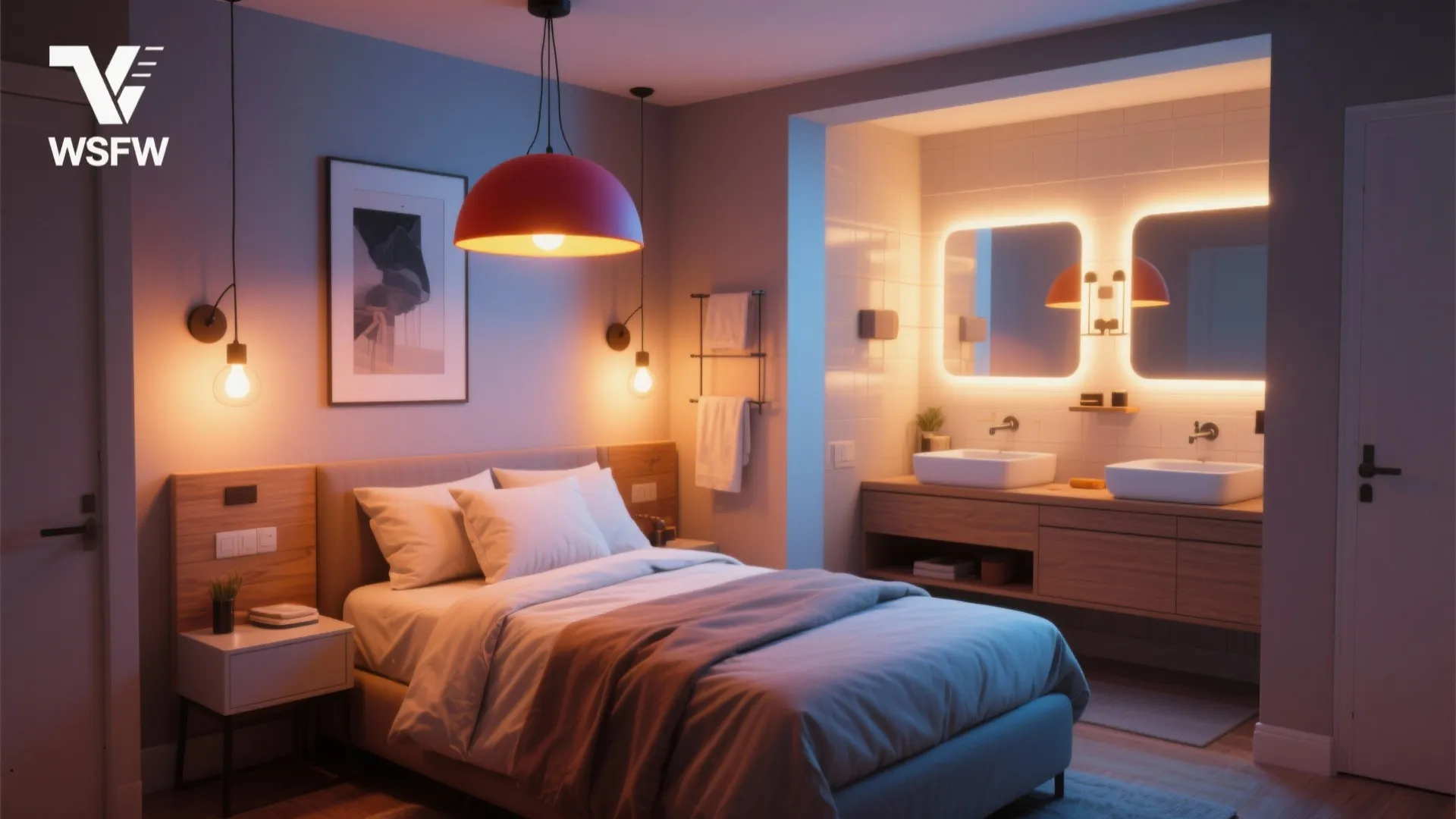 Modern bedroom with ensuite bathroom featuring warm ceiling light red pendant lamp and double sinks