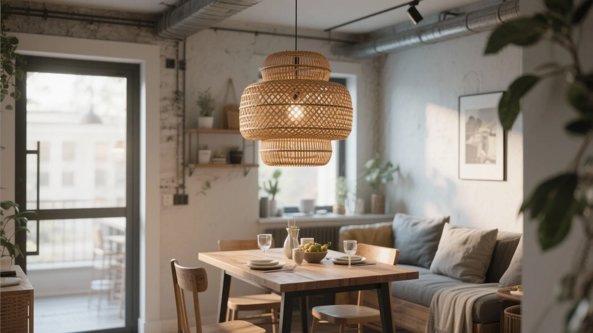 Dining room with woven ceiling light over a wooden table and chairs with grey sofa