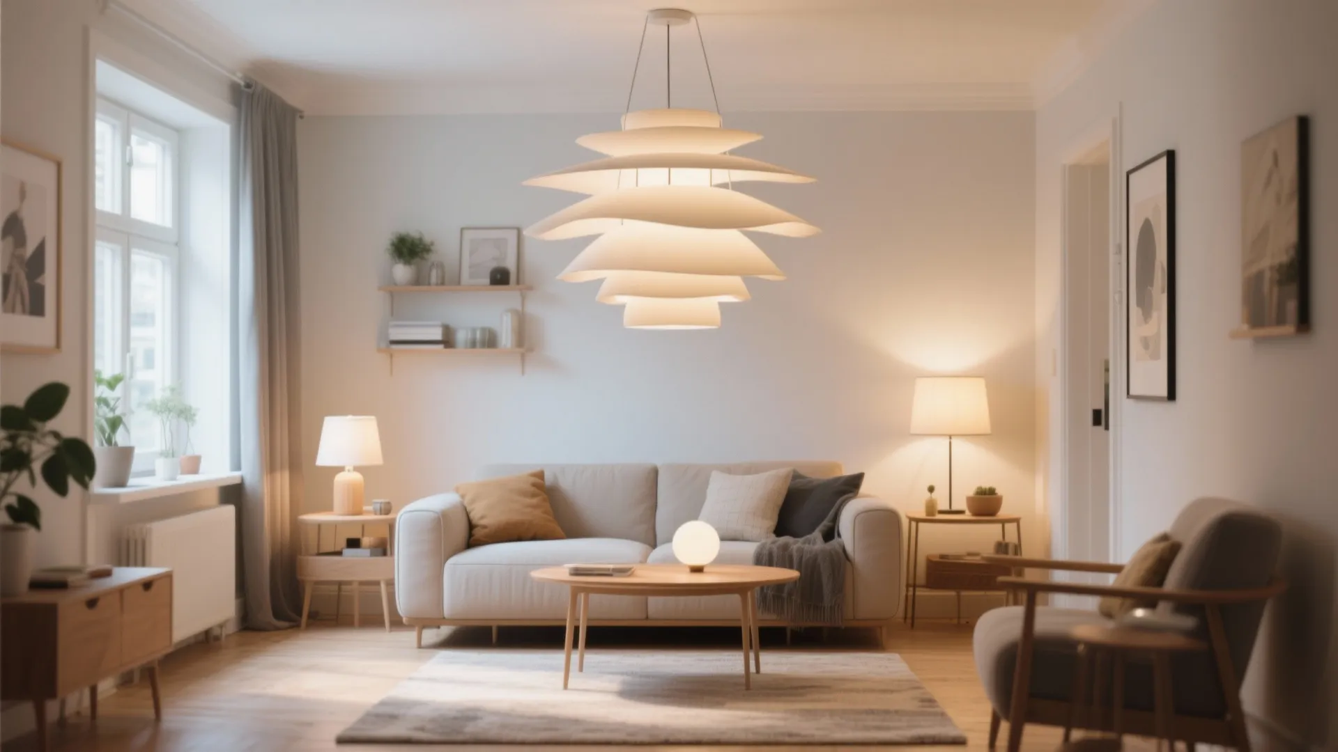 Cozy living room with large white ceiling light over a grey sofa and wooden coffee table