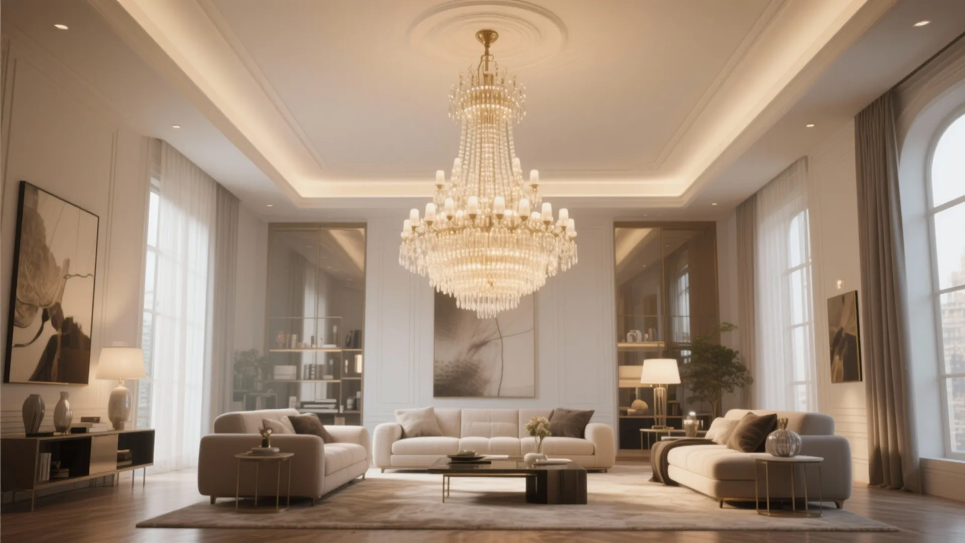 Oversized chandelier in a high ceiling living room