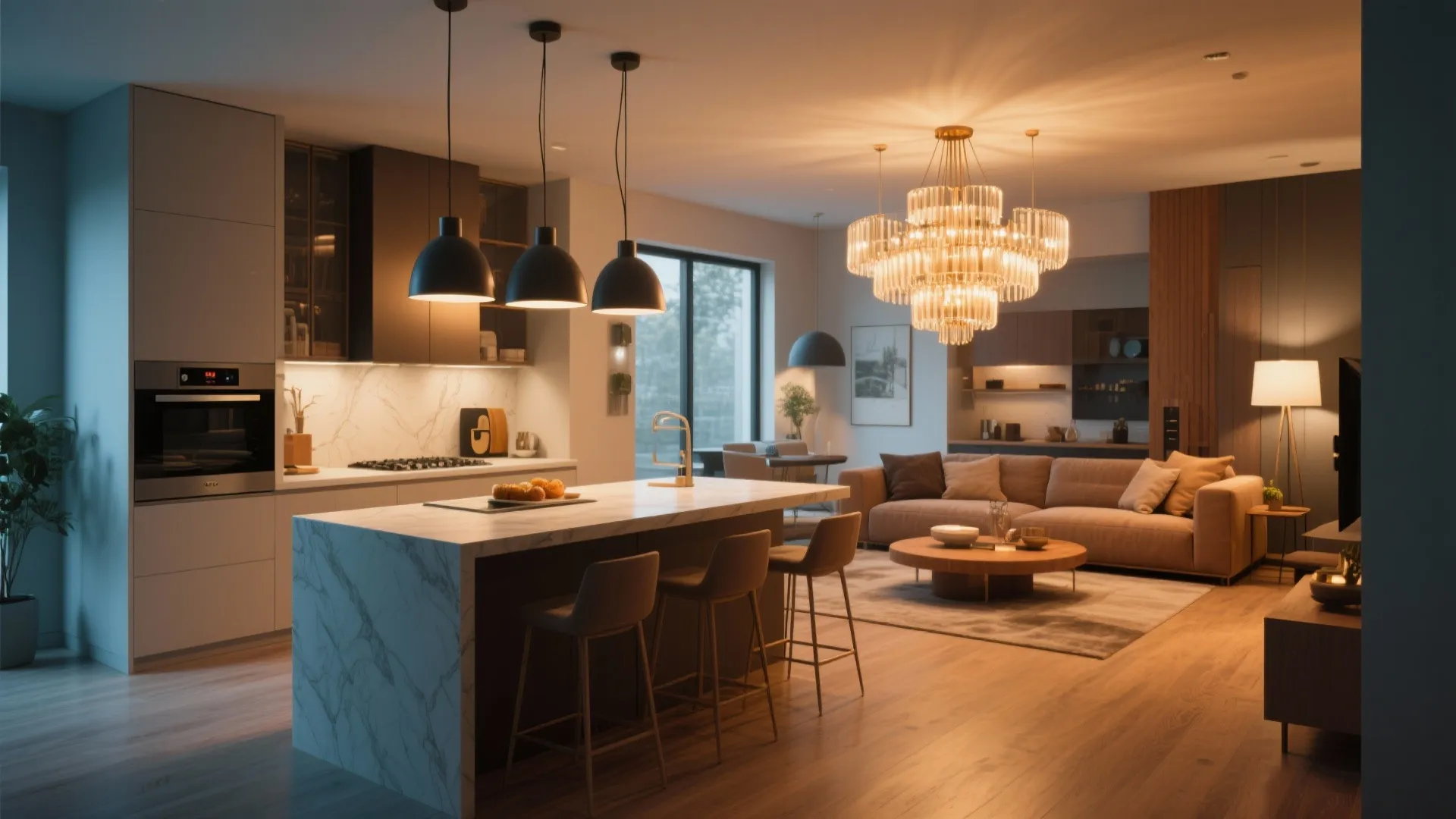 Modern kitchen living room with marble island black pendant lights and large gold ceiling light