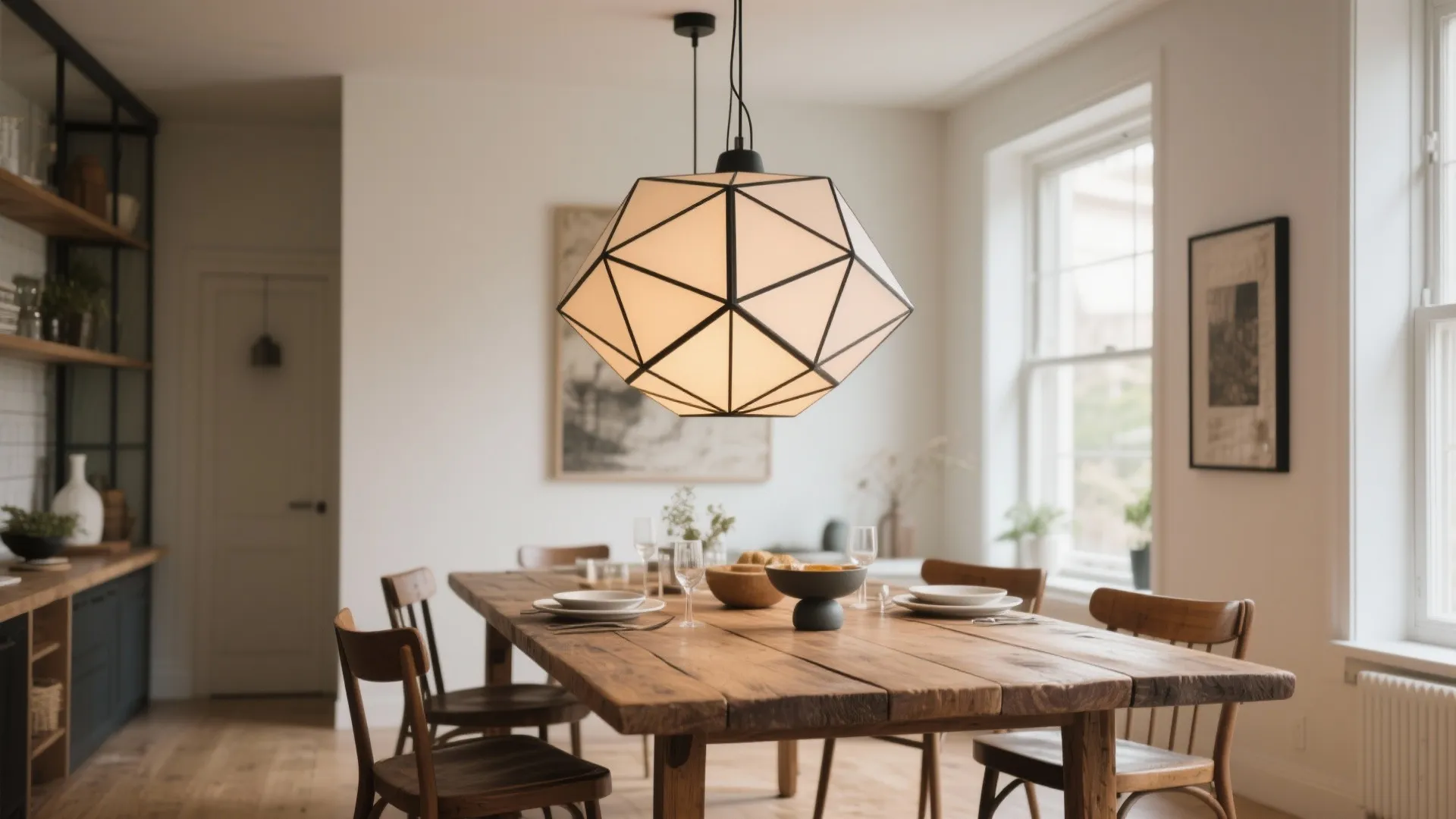 Dining room with geometric pendant lamp over rustic table