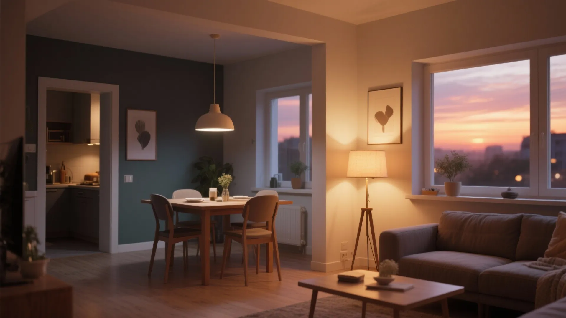 Cozy living room at sunset with warm ceiling light floor lamp sofa and dining table