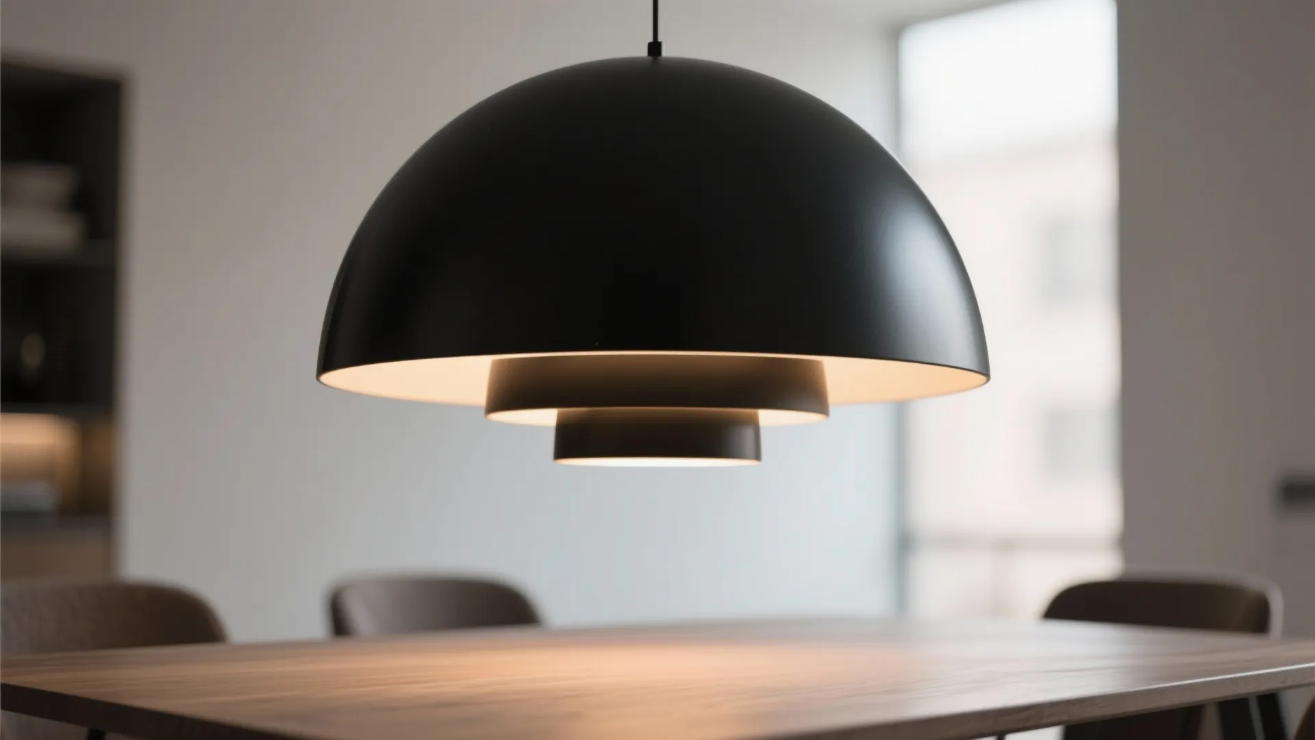 Close up view of a large black metal ceiling light hanging over a wooden dining table