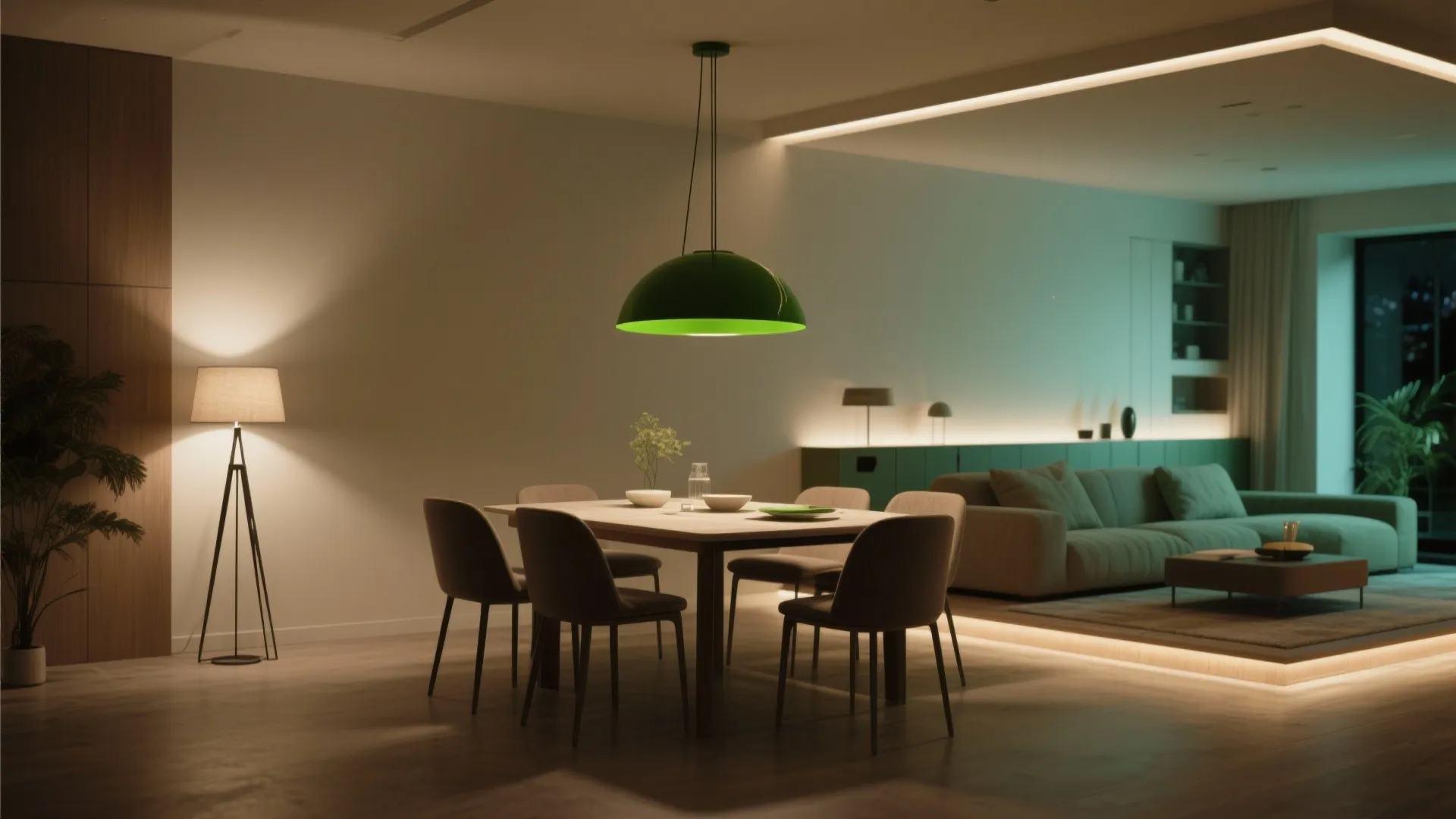 Dining area with green ceiling light and floor lamp beside a modern sofa and cabinet