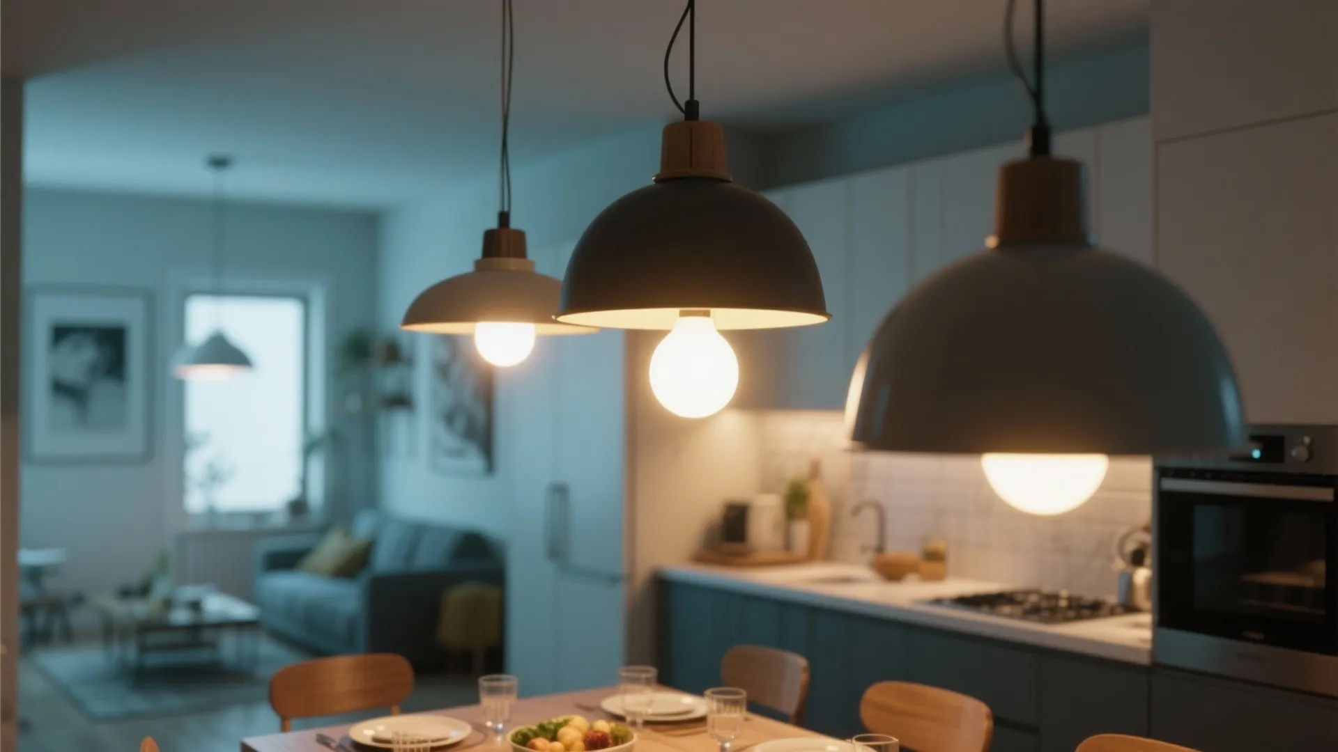 Modern pendant lights over shared kitchen dining area