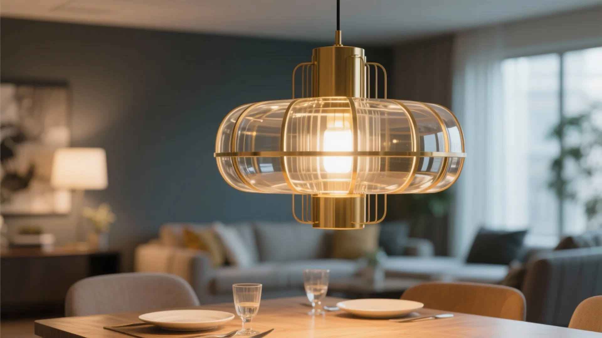 Gold glass ceiling light hanging over a dining table with white plates and clear glasses