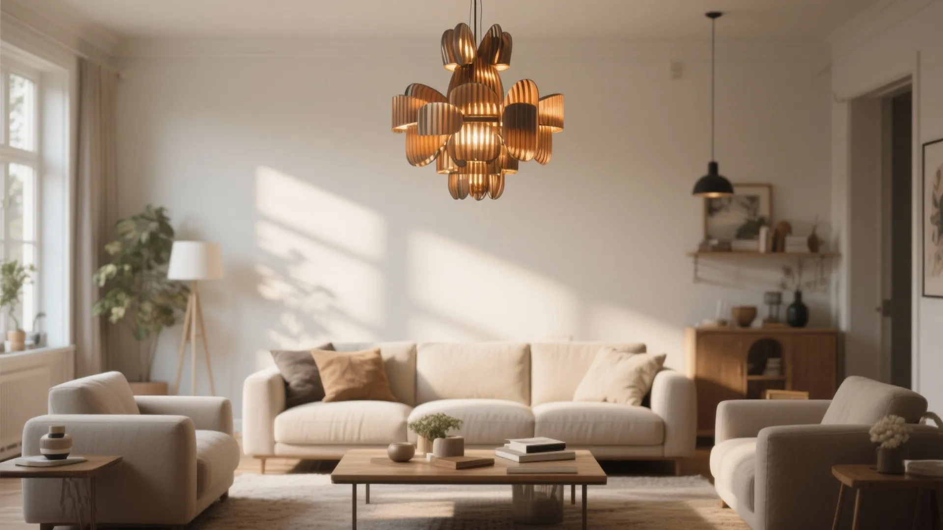 8. Integrate Statement Lighting with Subtle Furniture