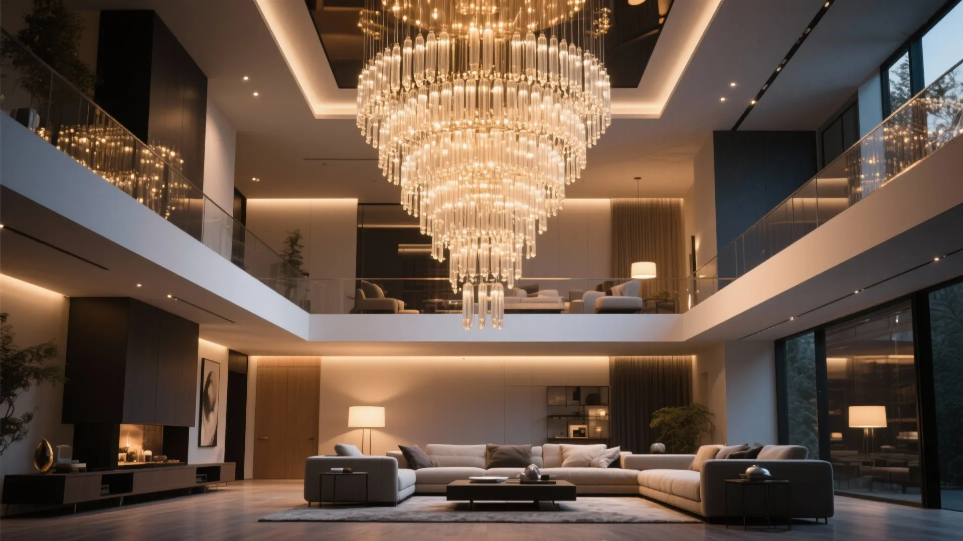 Cascading chandelier in a tall modern living room