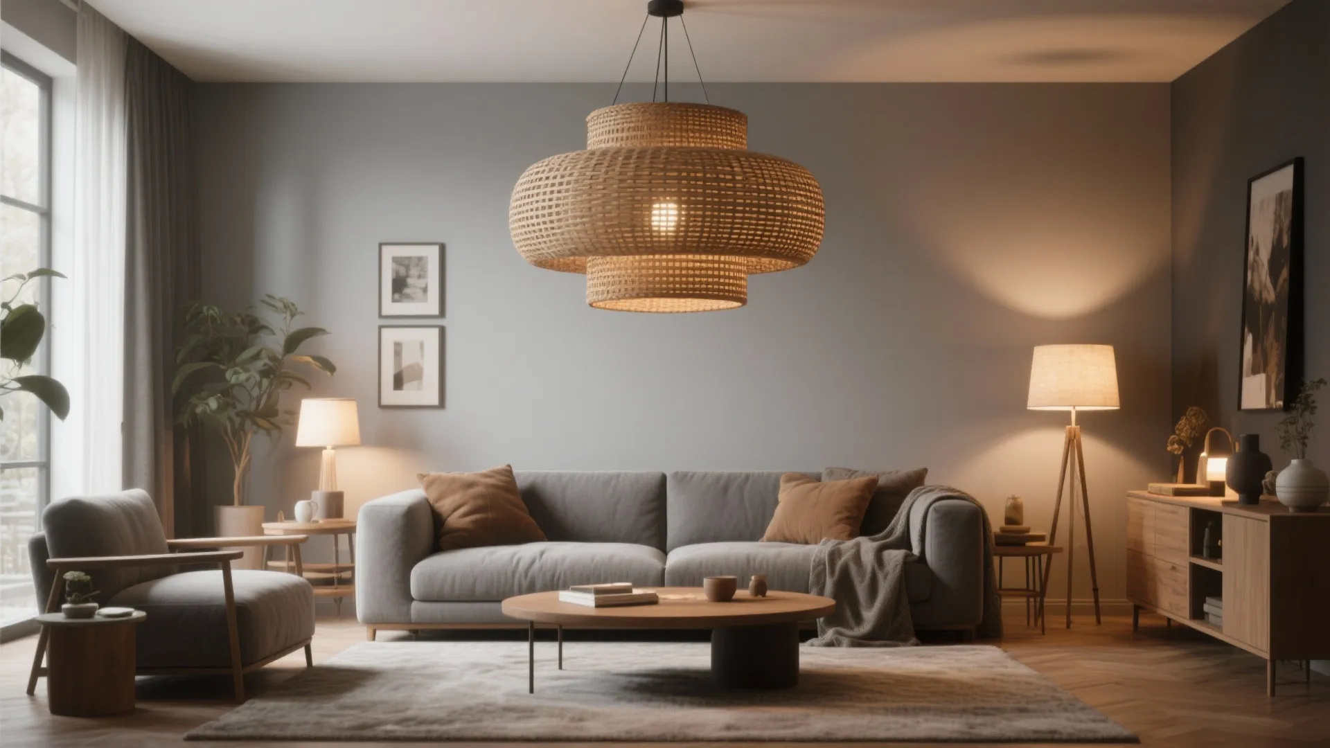 Living room with woven pendant light and layered lamps
