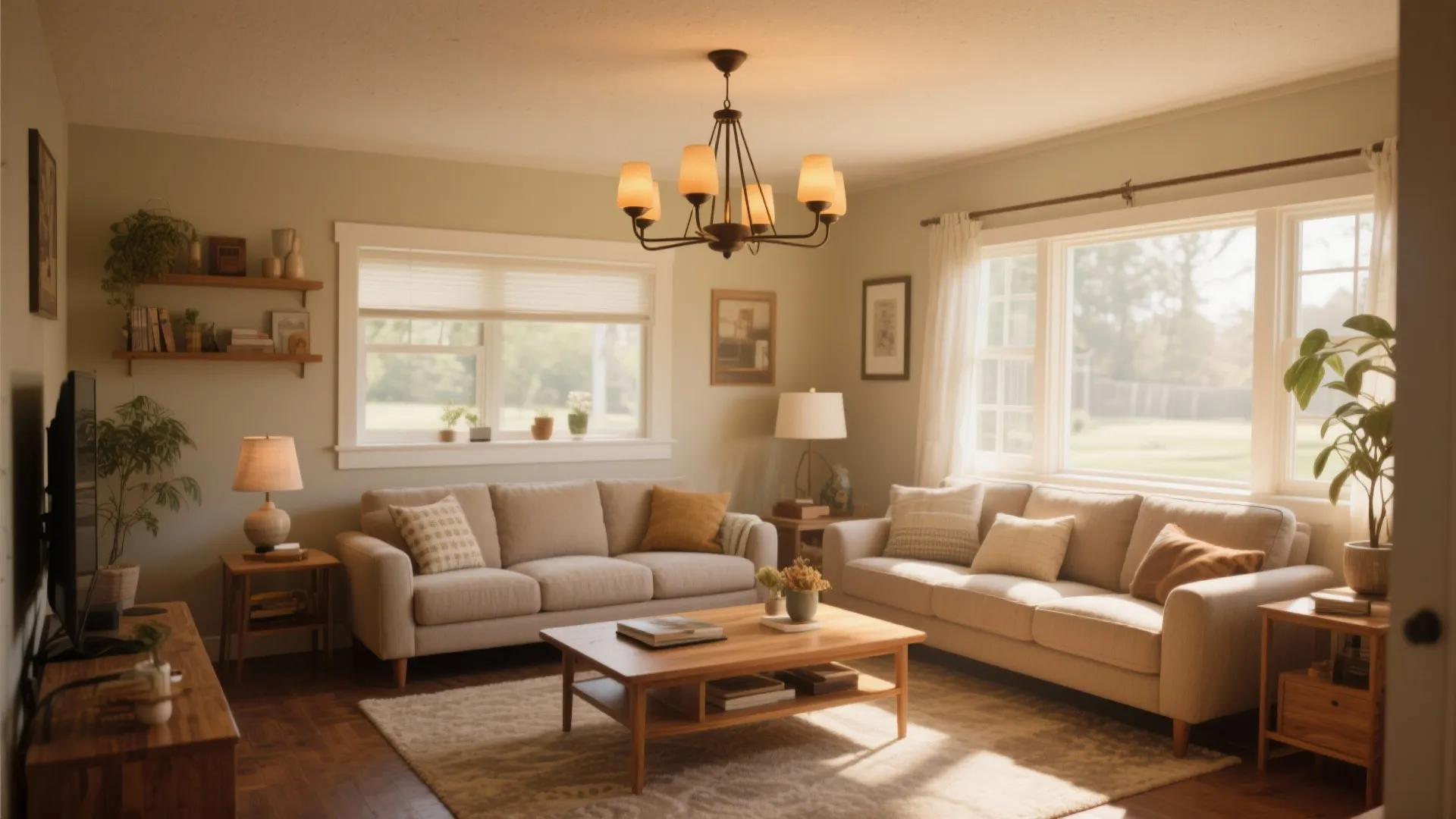 Warm living room with two beige sofas wooden coffee table and a large black ceiling light