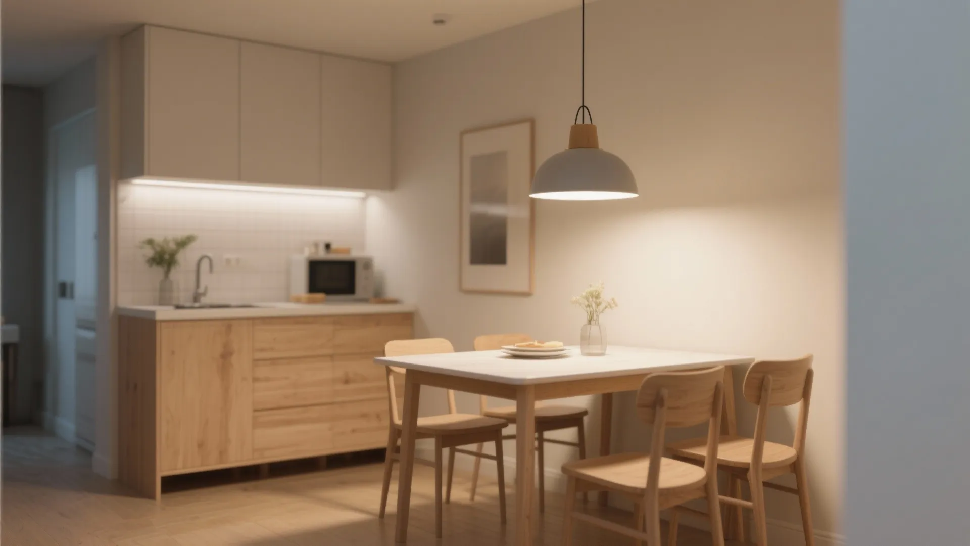 Small dining area with pendant light for zoning