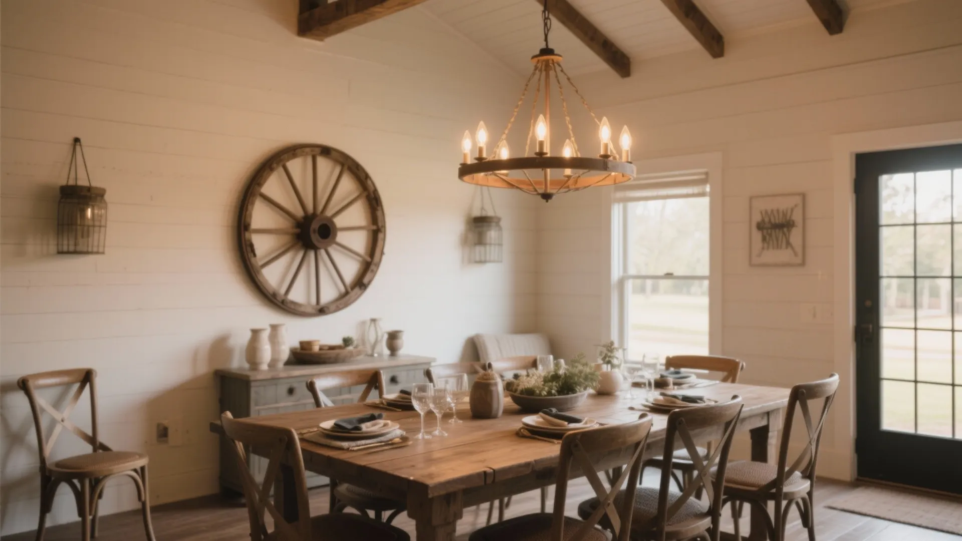 Rustic dining room with wooden table, cross back chairs, large wall wheel, and ceiling light