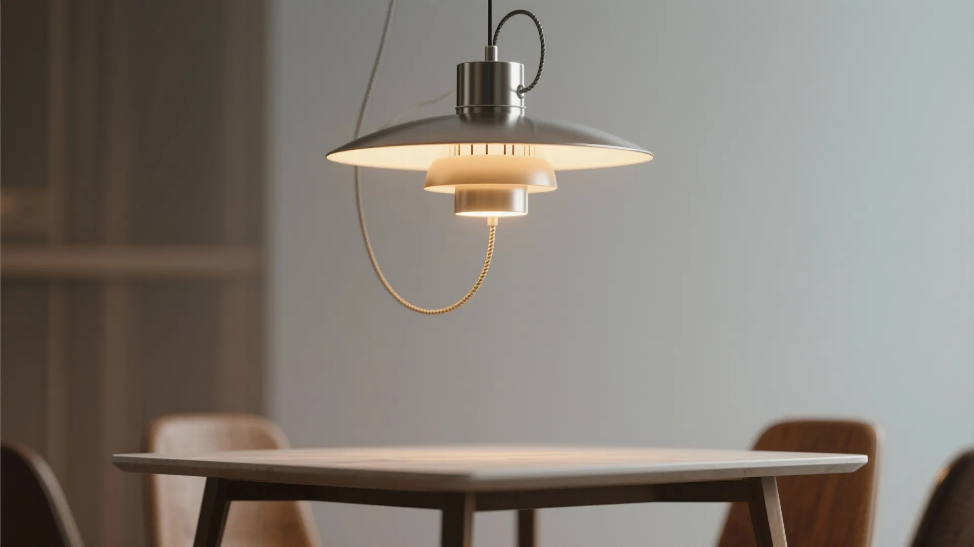 Modern metal ceiling light hanging over a wooden dining table in a minimalist style dining room