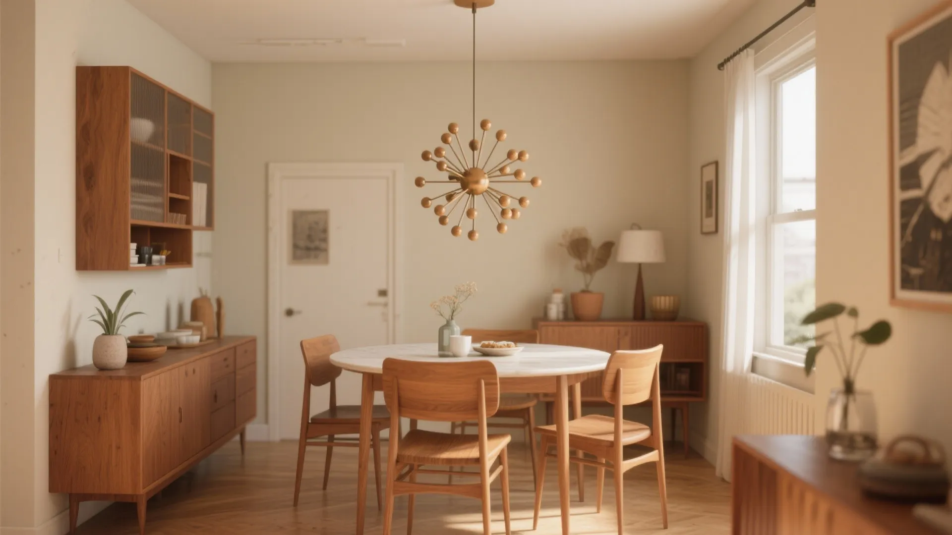 Round wooden dining table with four chairs and a large gold ceiling light in sunny room