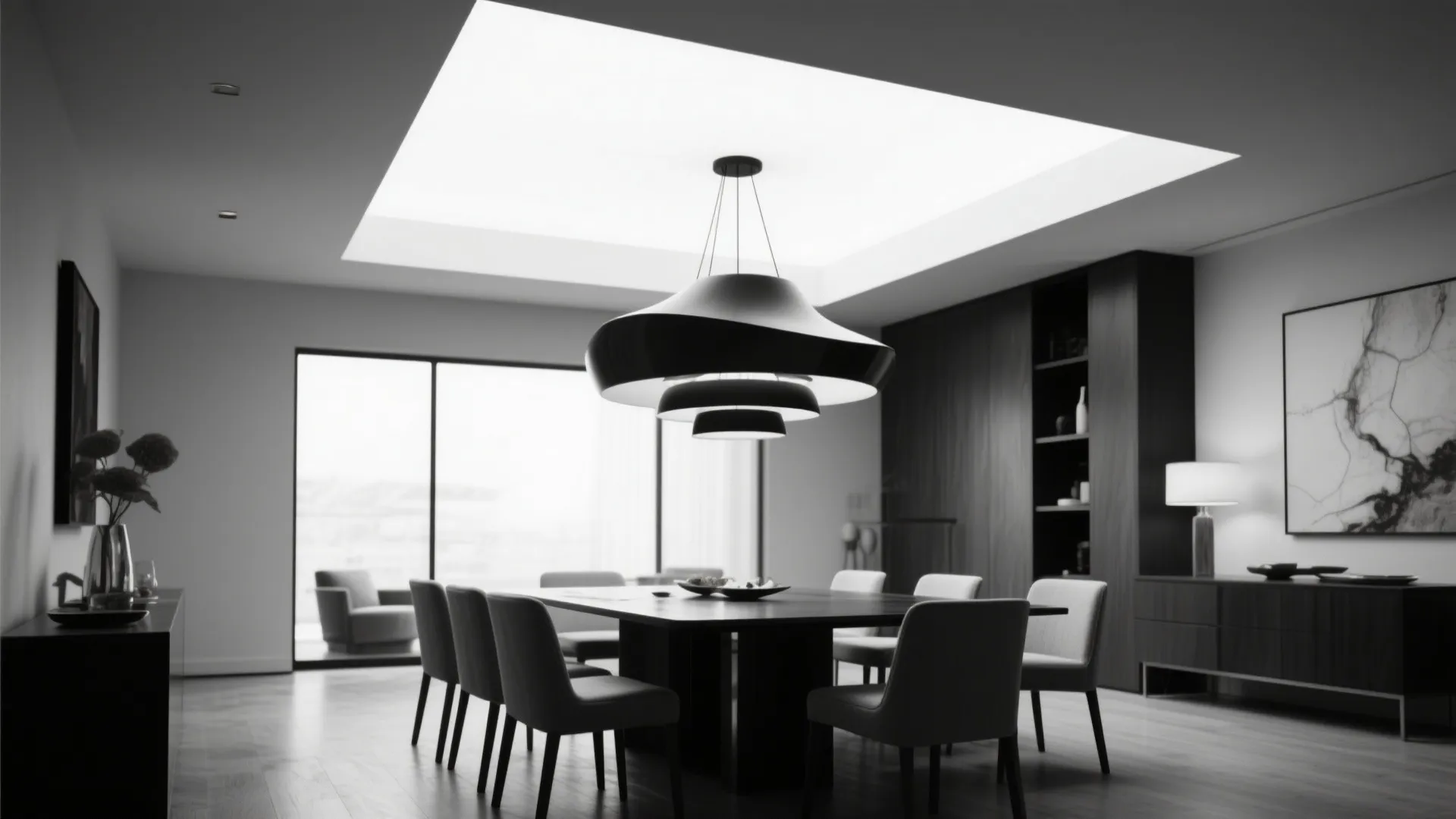 Modern dining room featuring large black ceiling light over dark wood table with grey chairs