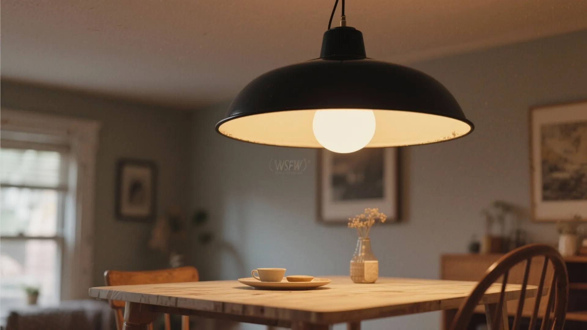 Close-up of bold thrifted pendant light over small dining table