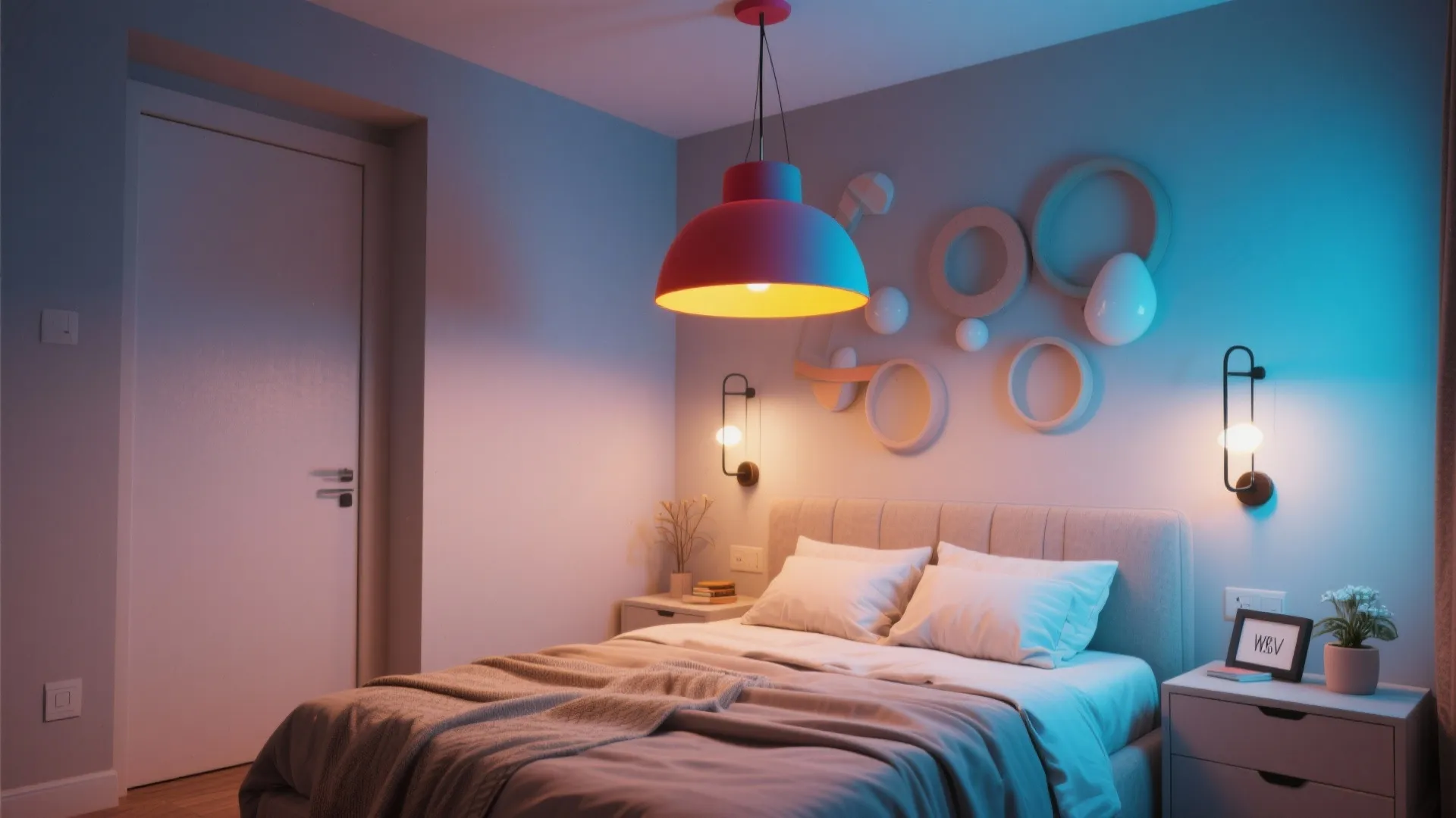 Modern bedroom with colorful ceiling light wall lights bedside table and decorative wall art pieces