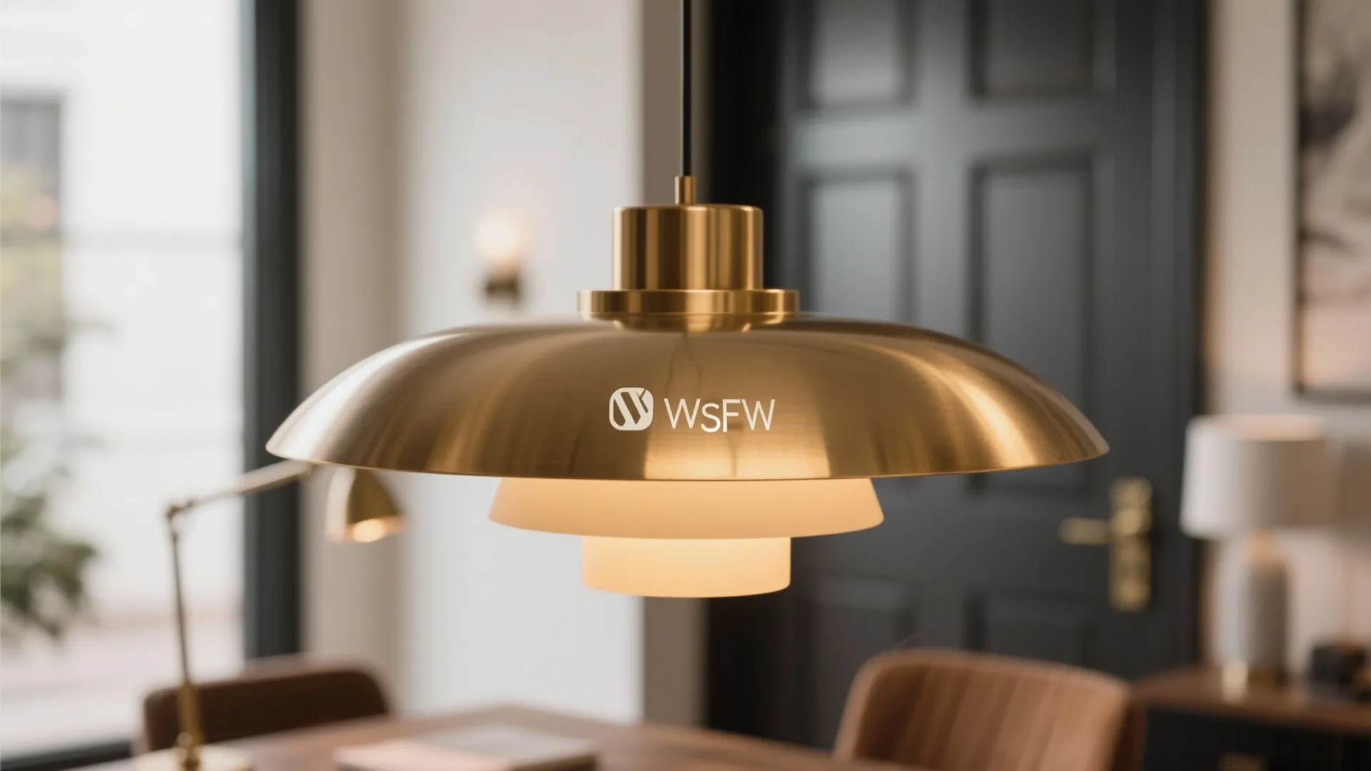 Modern gold ceiling light hanging over a dining table in a contemporary home office room