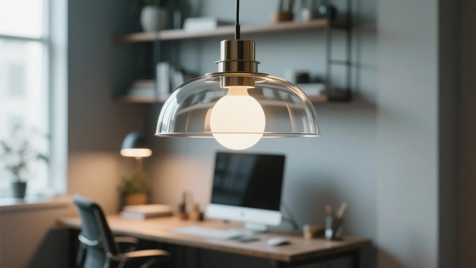 Modern glass ceiling light hanging in home office with desk computer and wooden wall shelves