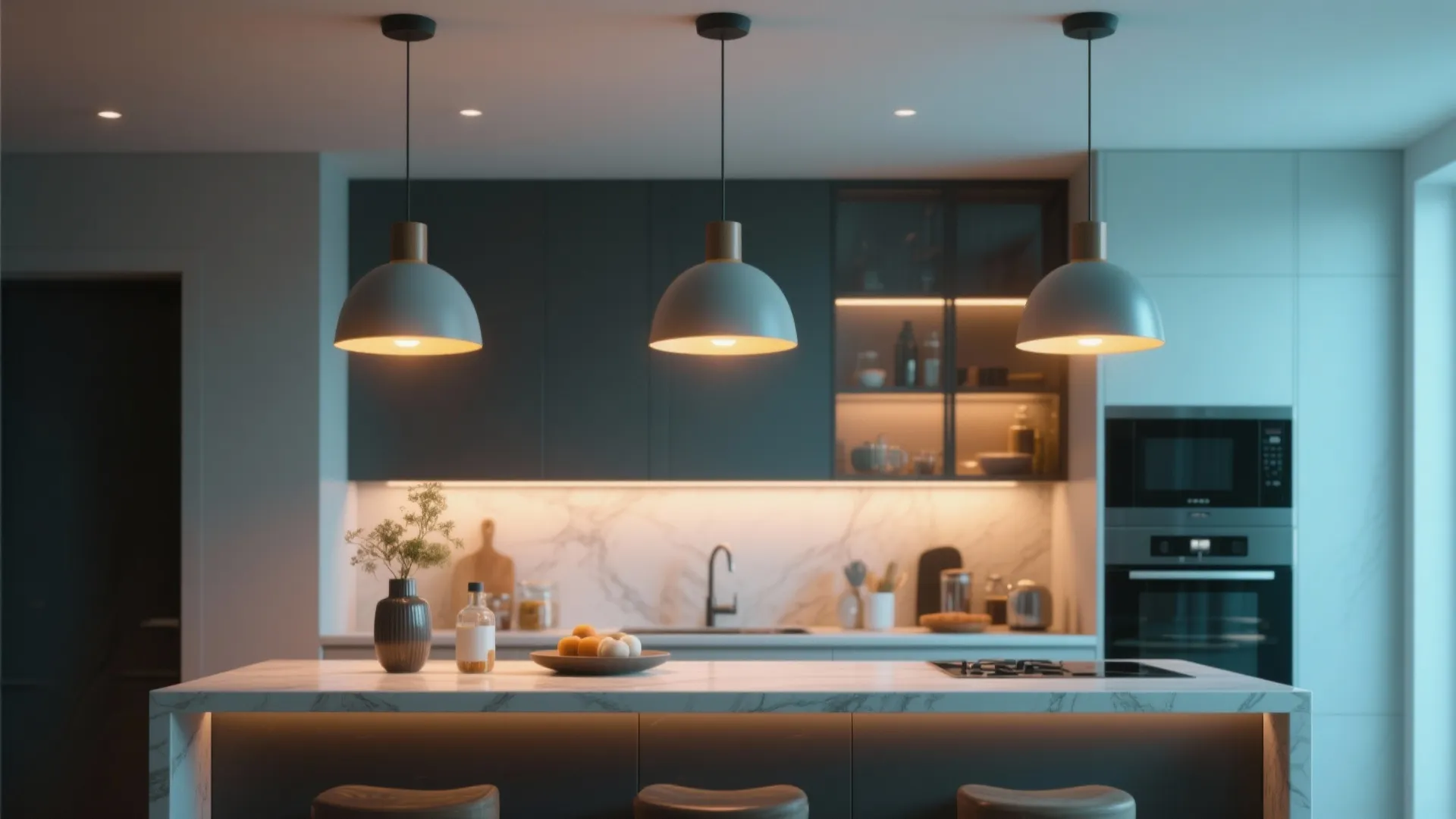 Three modern grey ceiling lights hanging over a marble kitchen island with stools and cabinets