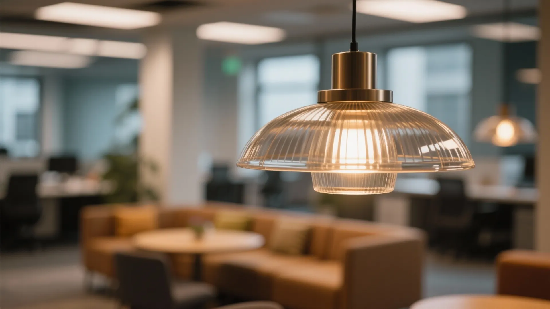Modern glass ceiling light hanging in a blurred office lounge area with sofa and tables