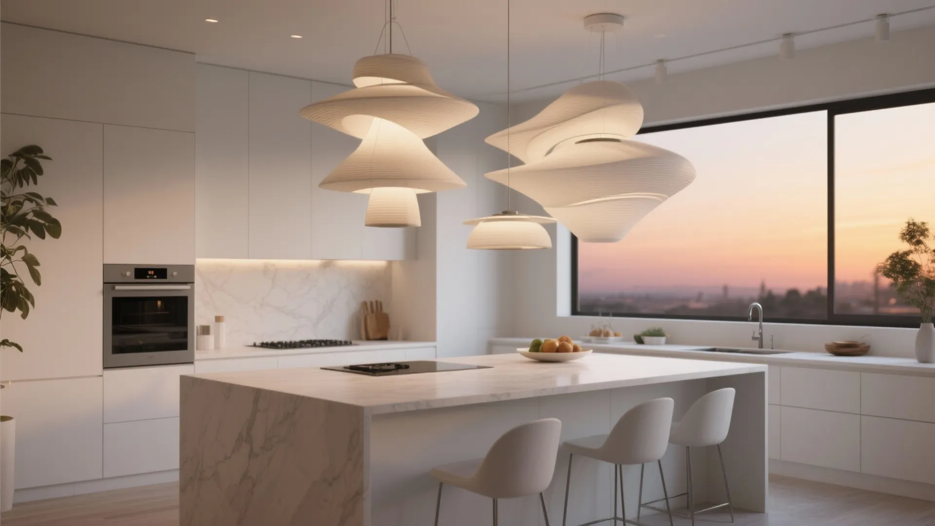 White kitchen with bold pendant lamps