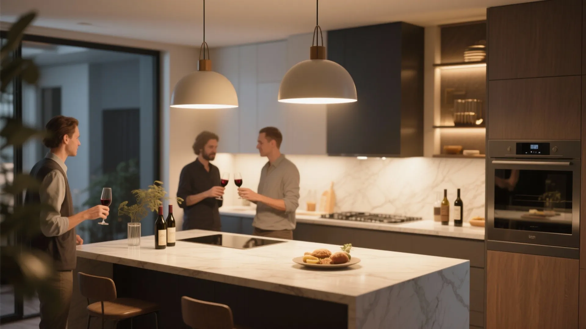 Three men drinking wine in a modern kitchen with two large white ceiling light fixtures above