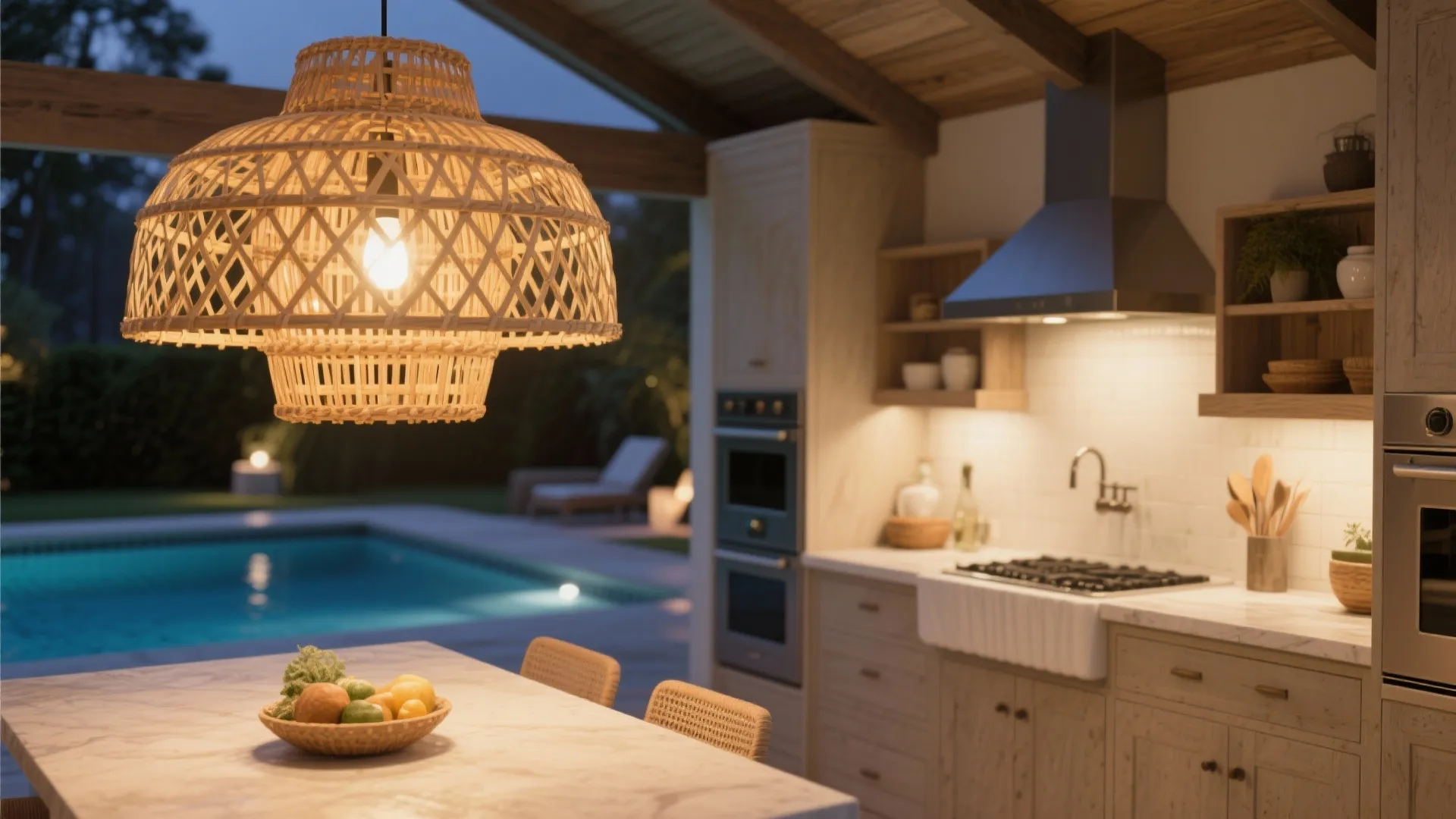 Outdoor kitchen with woven ceiling light over marble table near swimming pool at evening time