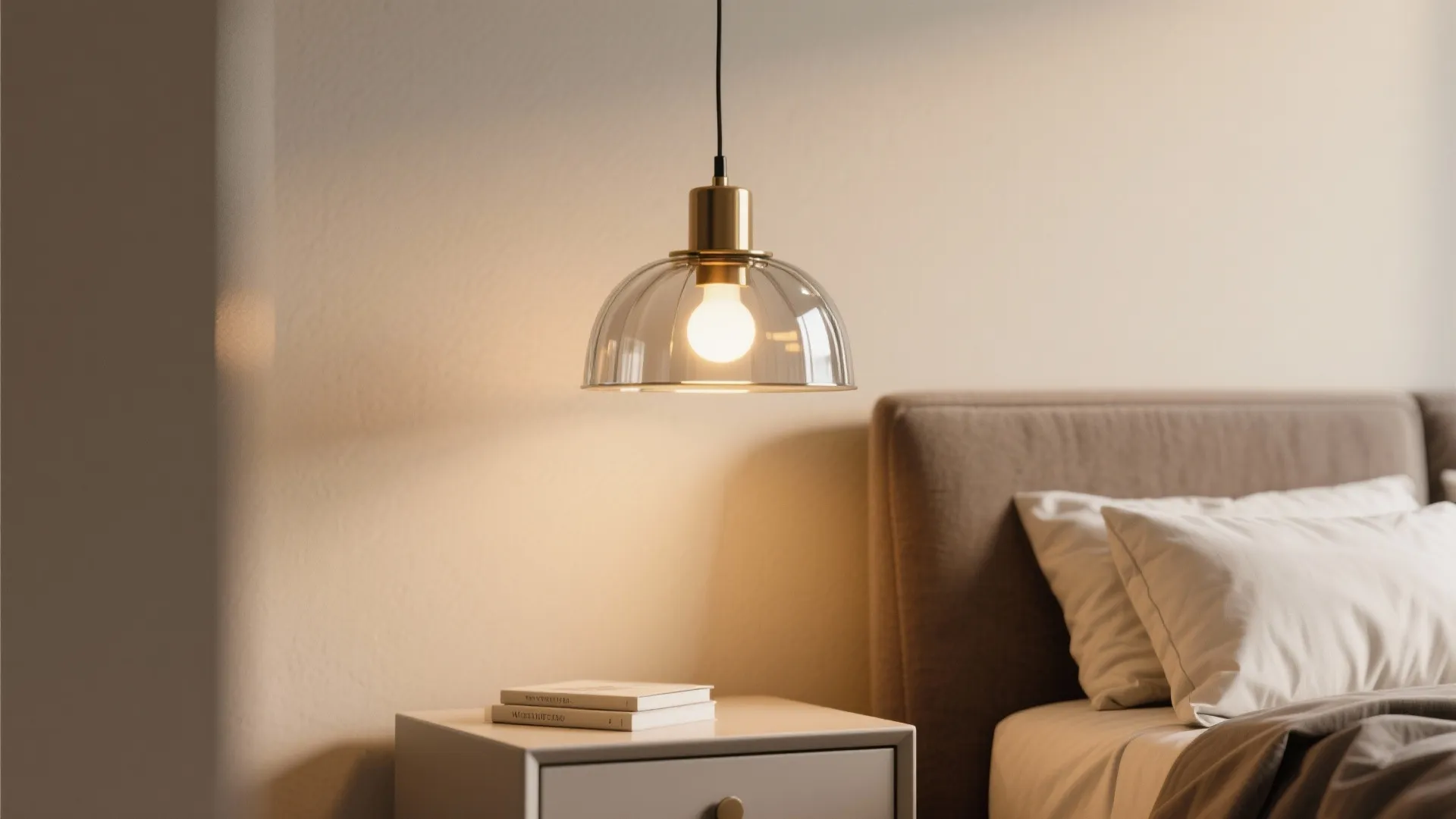 Modern glass ceiling light hanging above a white bedside table with books in a bedroom