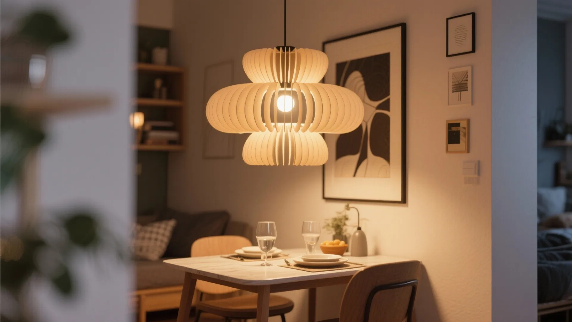 Modern dining area with unique ceiling light over white table and wooden chairs in evening