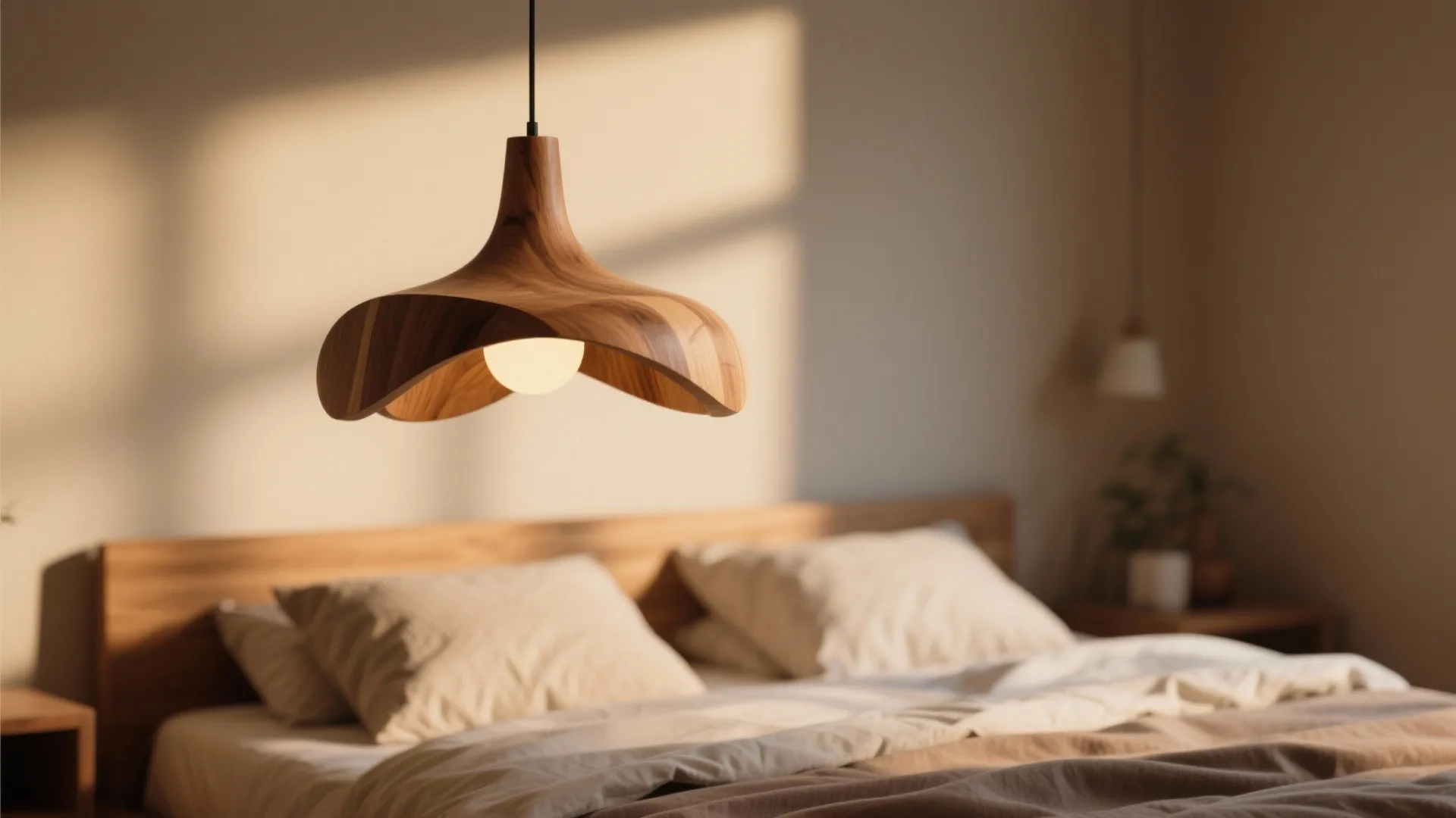 Wooden ceiling light hanging above a cozy bed with warm sunlight shadows on the wall