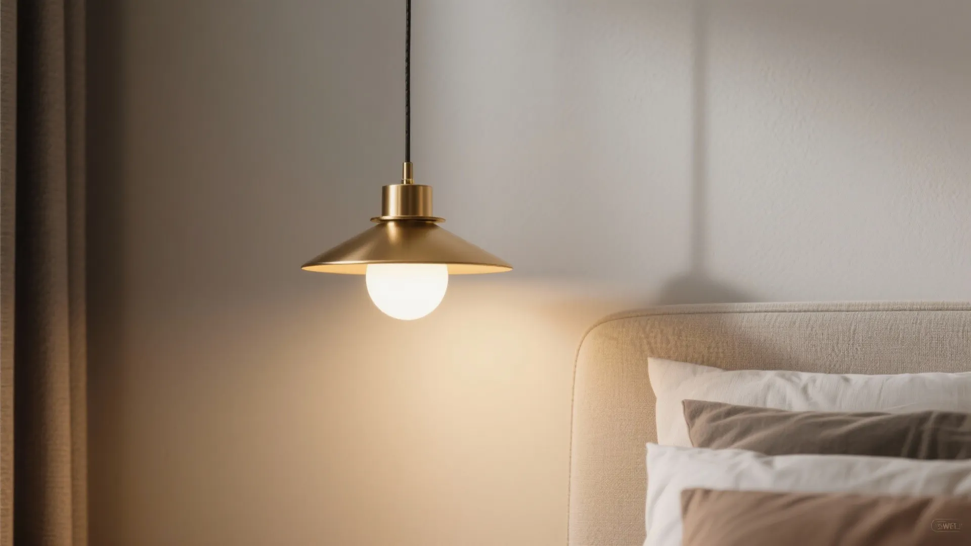 Gold metal ceiling light hanging over a bed with warm light in a modern bedroom