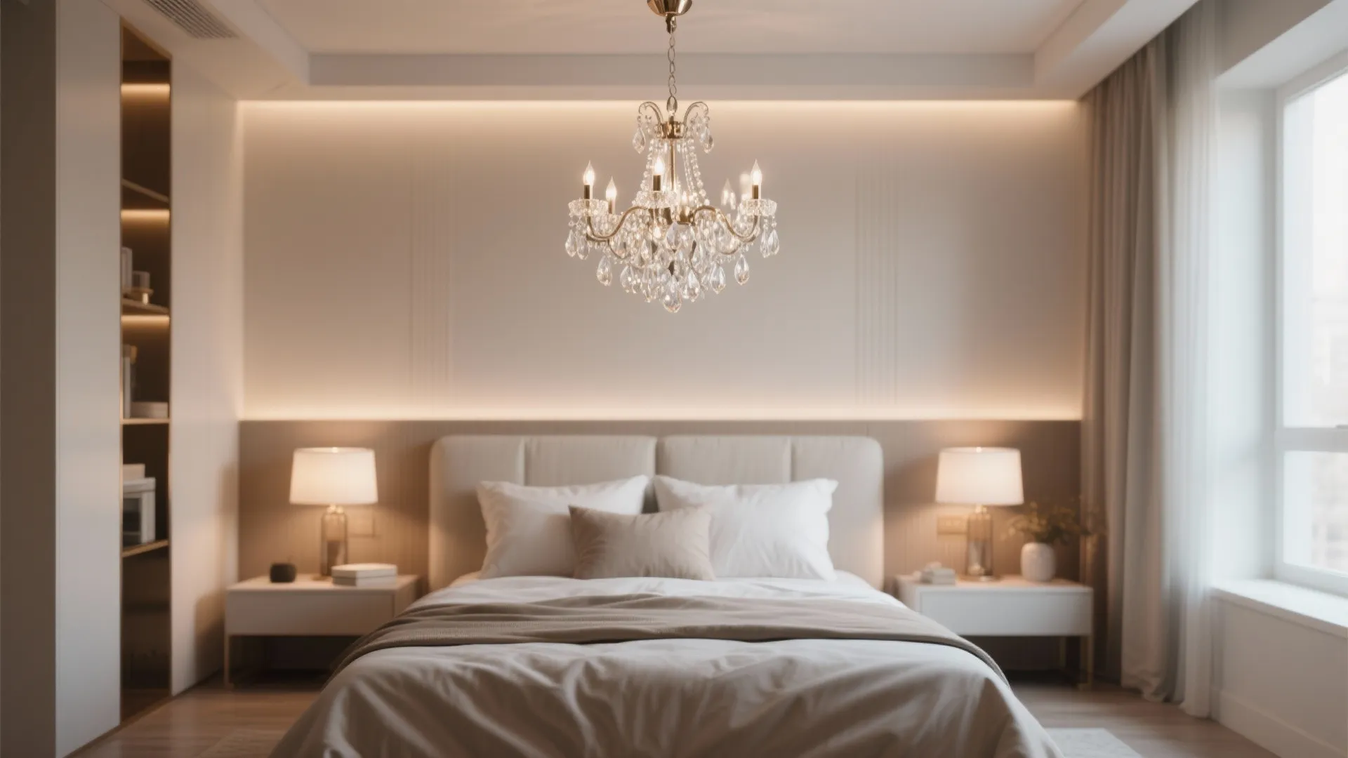 Elegant master bedroom interior design with a crystal ceiling light bedside lamps and warm lighting