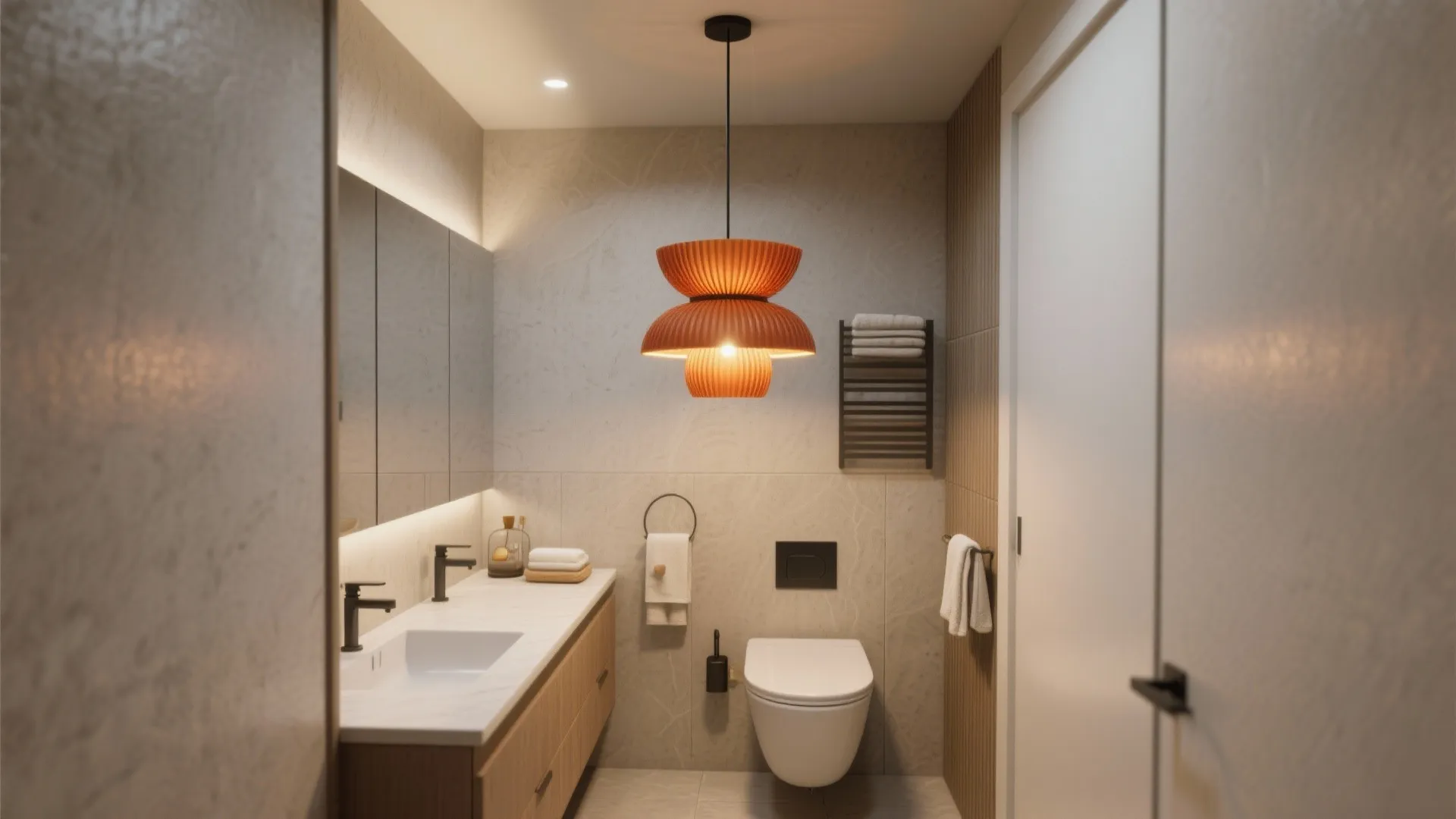 Small bathroom with bold pendant light fixture on dimmer