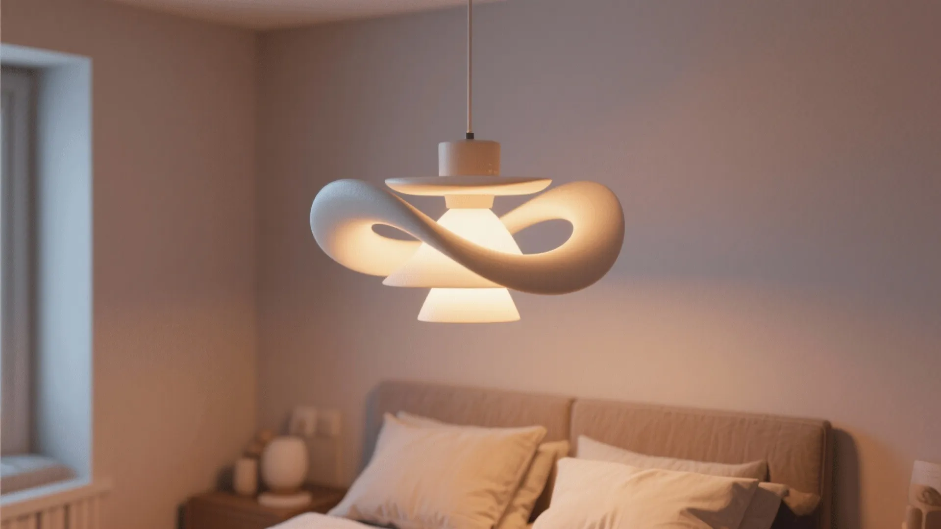Modern white ceiling light with a unique curved shape hanging in a warm bedroom scene