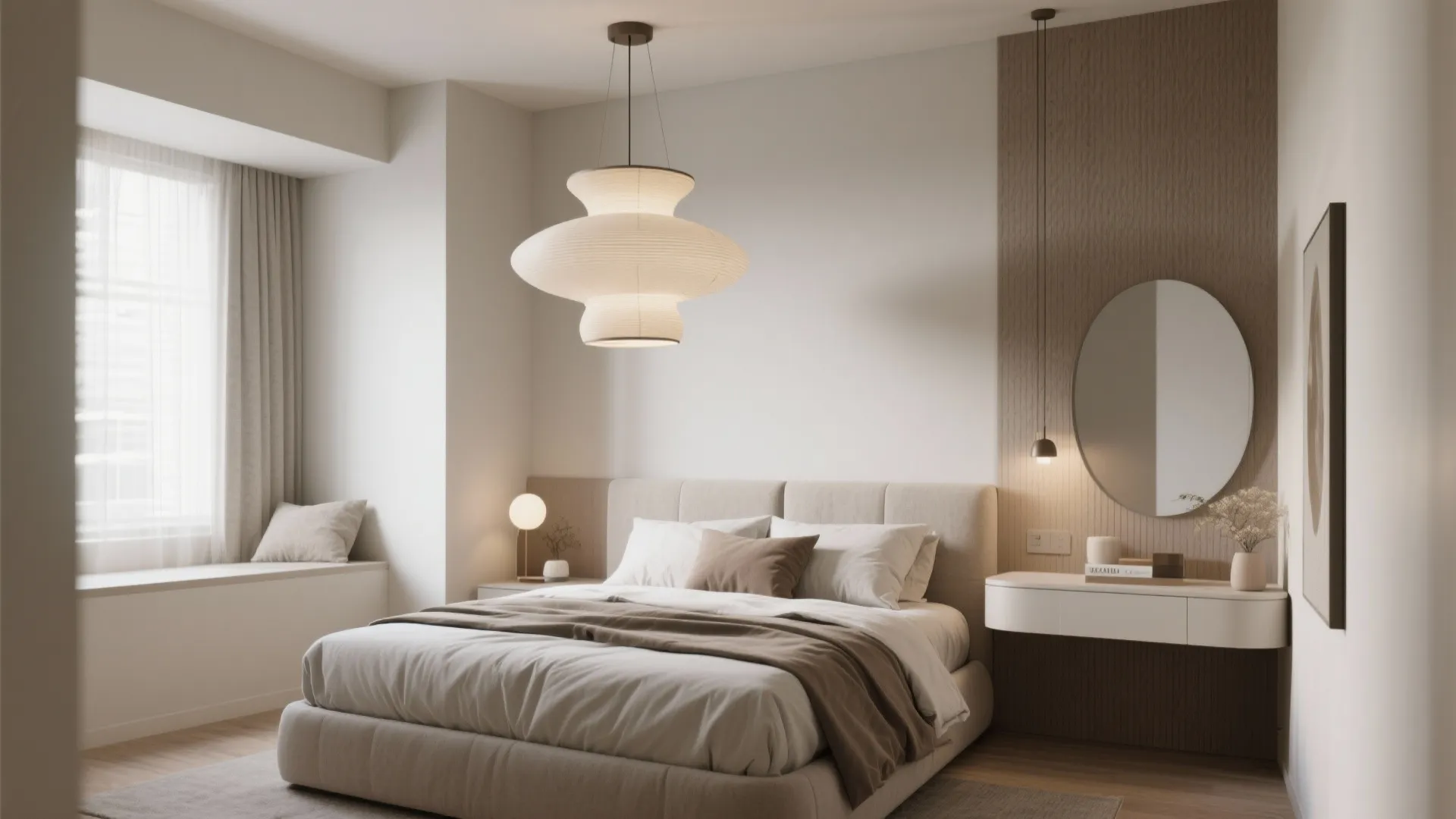 Minimalist bedroom with large white ceiling light over a comfortable bed and round wall mirror