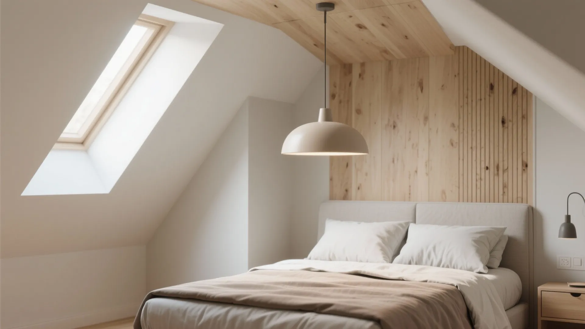 Small bedroom with modern pendant lighting above bed