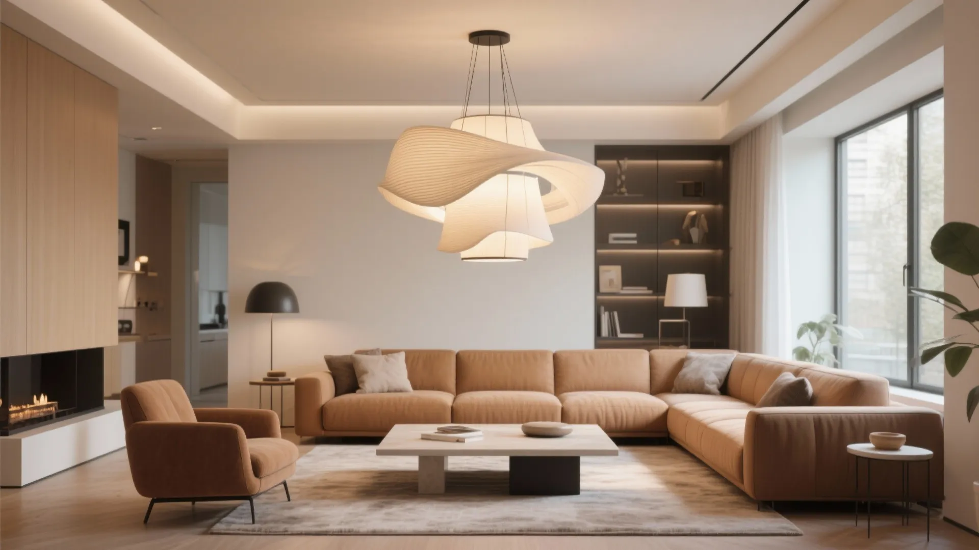 Contemporary living room with tan sectional sofa and large white sculptural ceiling light above table