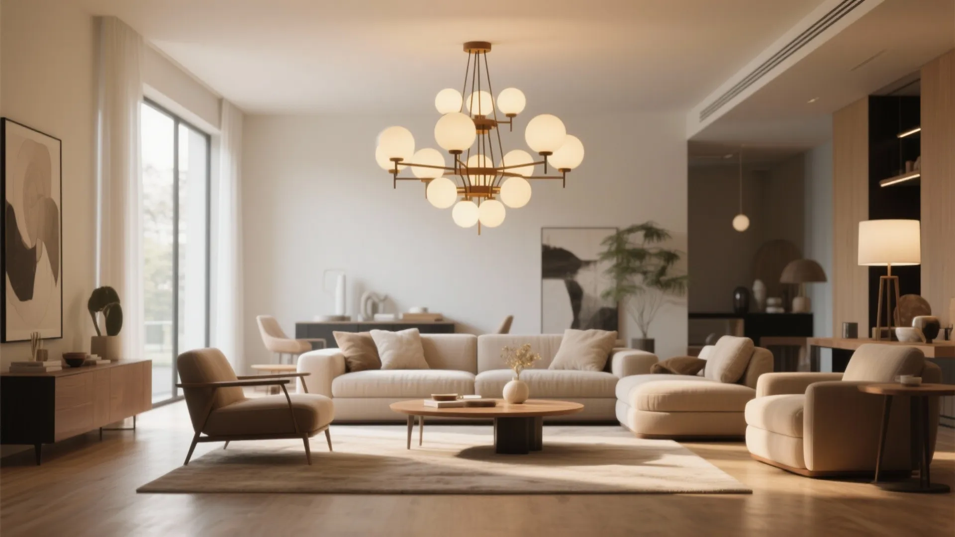 Modern living room with a large round ceiling light neutral sofa wooden table and open layout