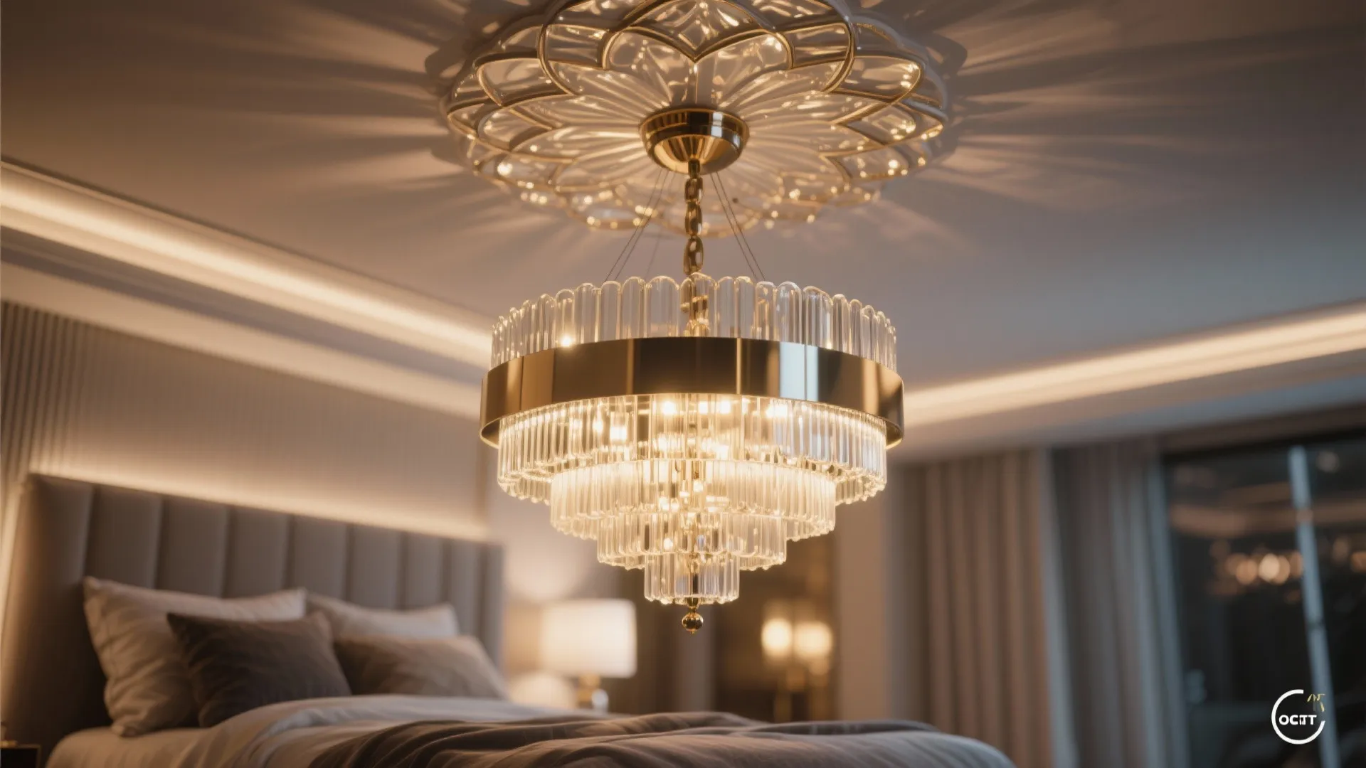Elegant round glass ceiling light with gold accents hanging above a bed in a bedroom