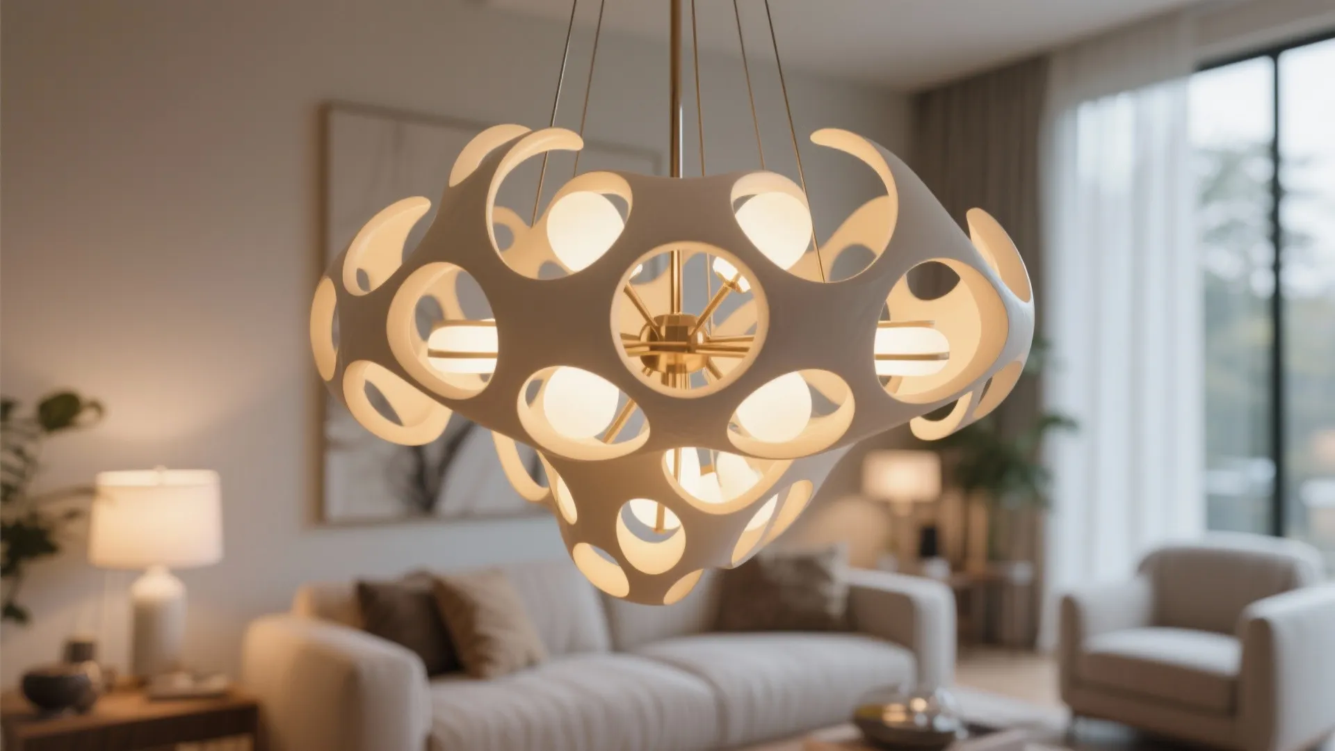 Unique white ceiling light with a round hole design hanging in a modern living room